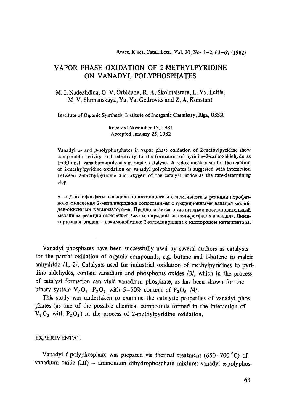 Vapor phase oxidation of 2-methylpyridine on vanadyl polyphosphates by Unknown