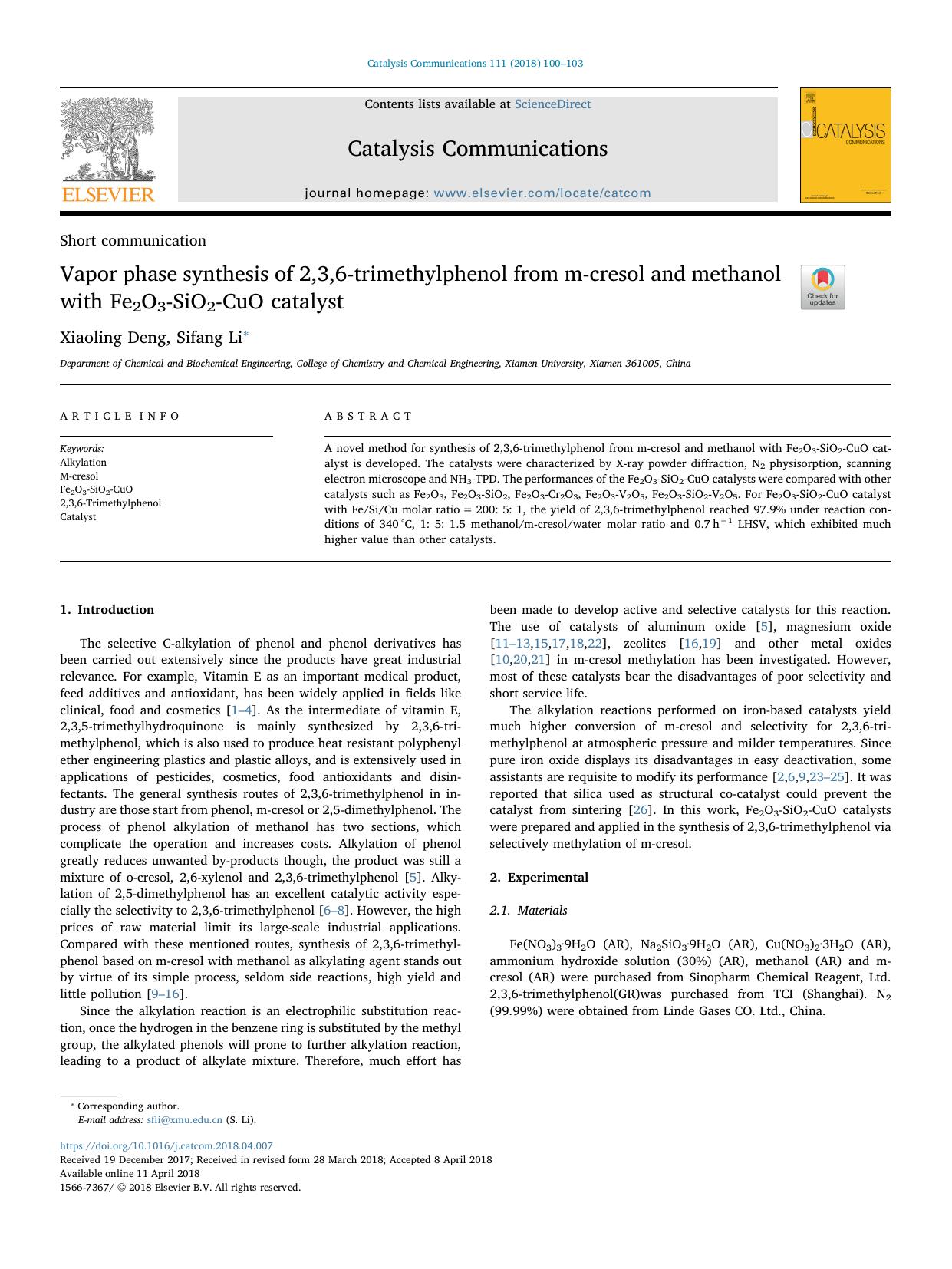 Vapor phase synthesis of 2,3,6-trimethylphenol from m-cresol and methanol with Fe2O3-SiO2-CuO catalyst by Xiaoling Deng & Sifang Li