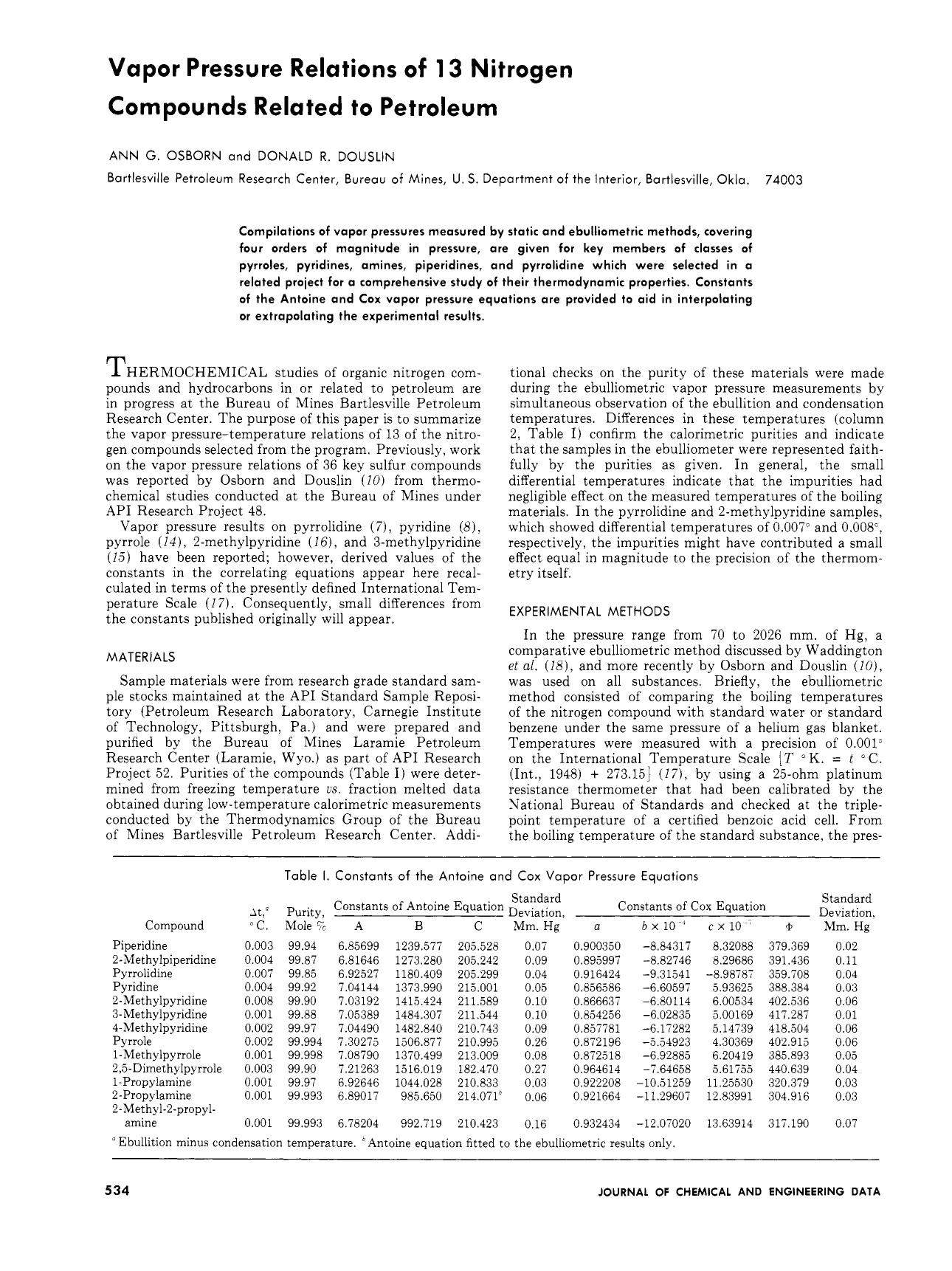 Vapor pressure relations of 13 nitrogen compounds related to petroleum by Ann G. Osborn Donald R. Douslin