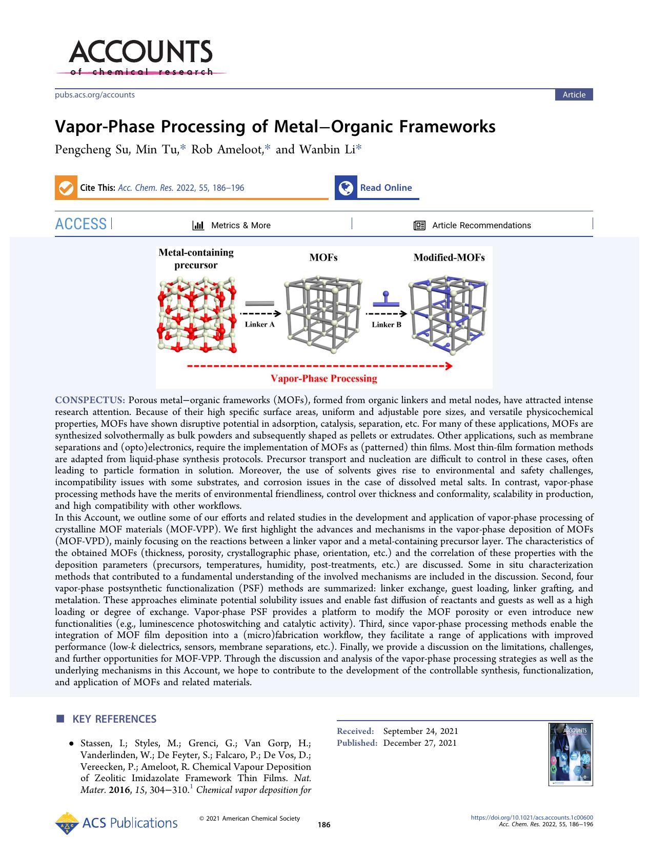 Vapor-Phase Processing of MetalâOrganic Frameworks by Pengcheng Su Min Tu Rob Ameloot and Wanbin Li