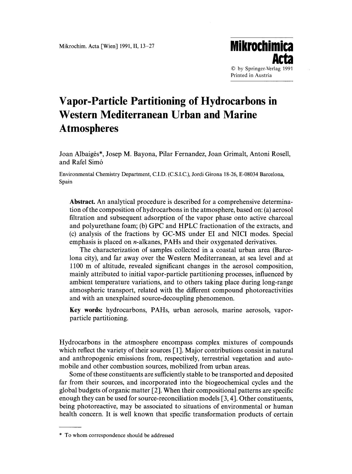 Vapor-particle partitioning of hydrocarbons in Western Mediterranean urban and marine atmospheres by Unknown
