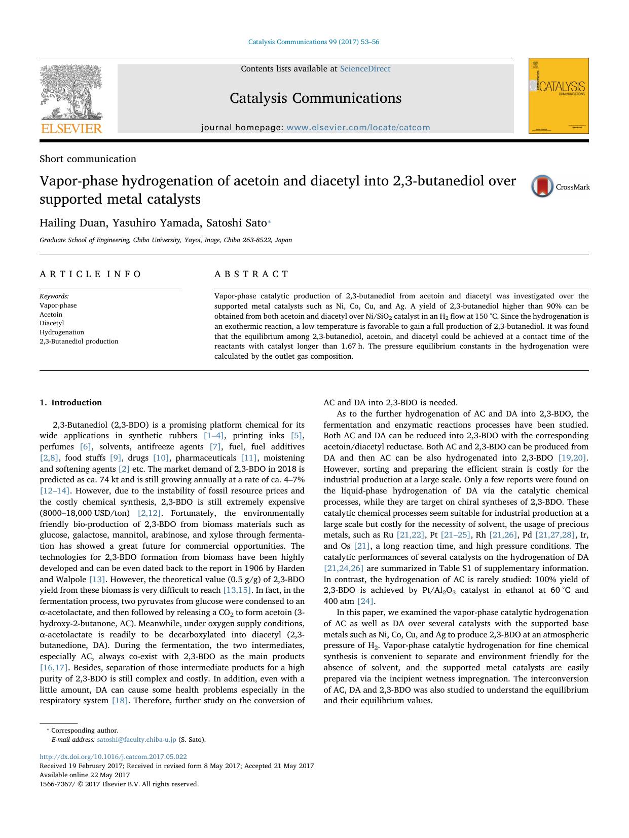 Vapor-phase hydrogenation of acetoin and diacetyl into 2,3-butanediol over supported metal catalysts by Hailing Duan & Yasuhiro Yamada & Satoshi Sato