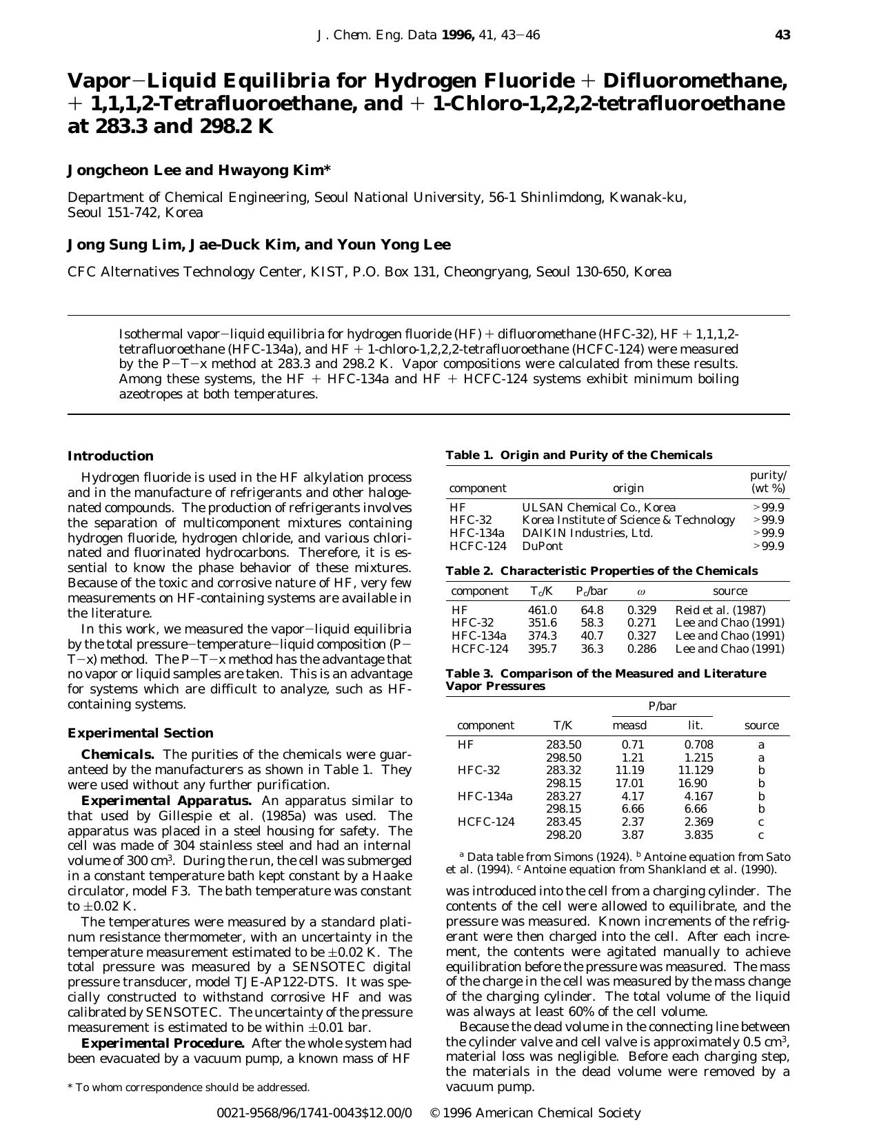 VaporLiquid Equilibria for Hydrogen Fluoride + Difluoromethane, + 1,1,1,2-Tetrafluoroethane, and + 1-Chloro-1,2,2,2-tetrafluoroethane at 283.3 and 298.2 K by Jongcheon Lee and Hwayong Kim* Jong Sung Lim Jae-Duck Kim and Youn Yong Lee