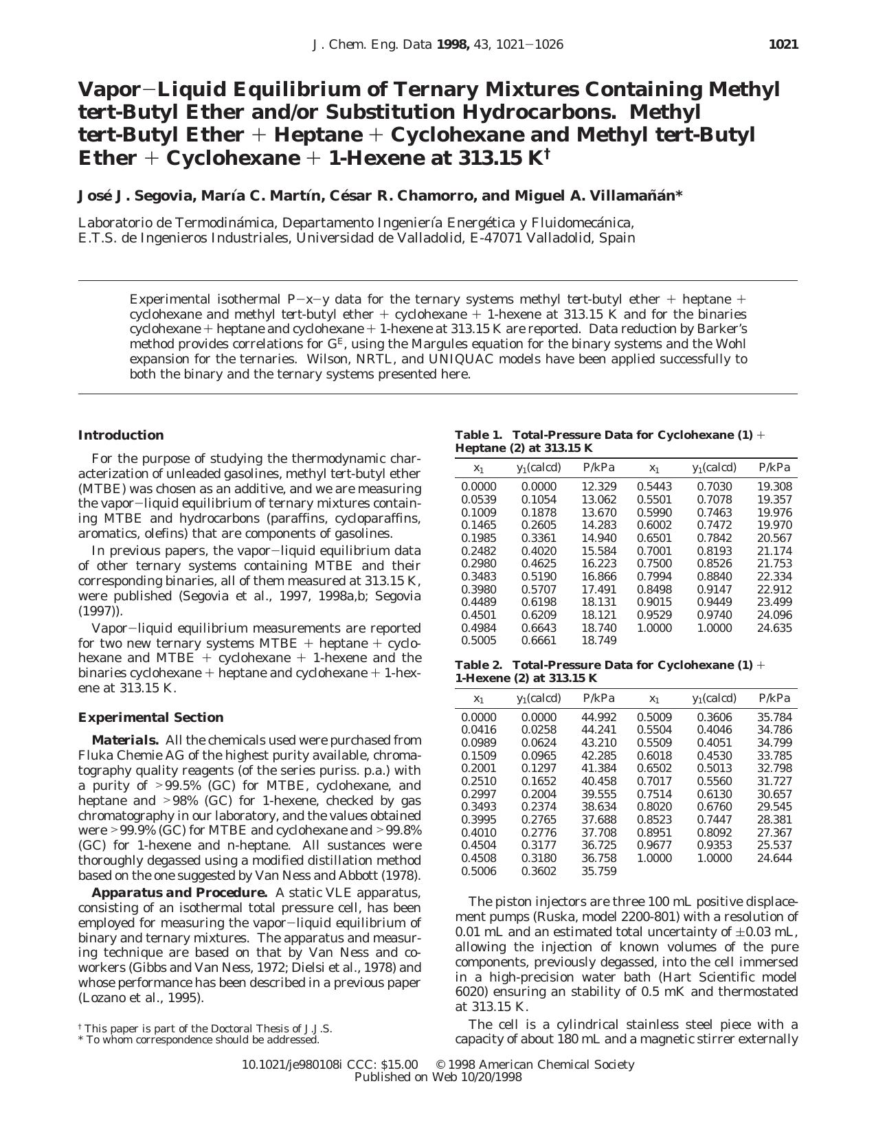 VaporLiquid Equilibrium of Ternary Mixtures Containing Methyl tert-Butyl Ether andor Substitution Hydrocarbons. Methyl tert-Butyl Ether + Heptane + Cyclohexane and Methyl tert-Buty by Jose J. Segovia Maria C. Martin Cesar R. Chamorro and Miguel A. Villamanan*