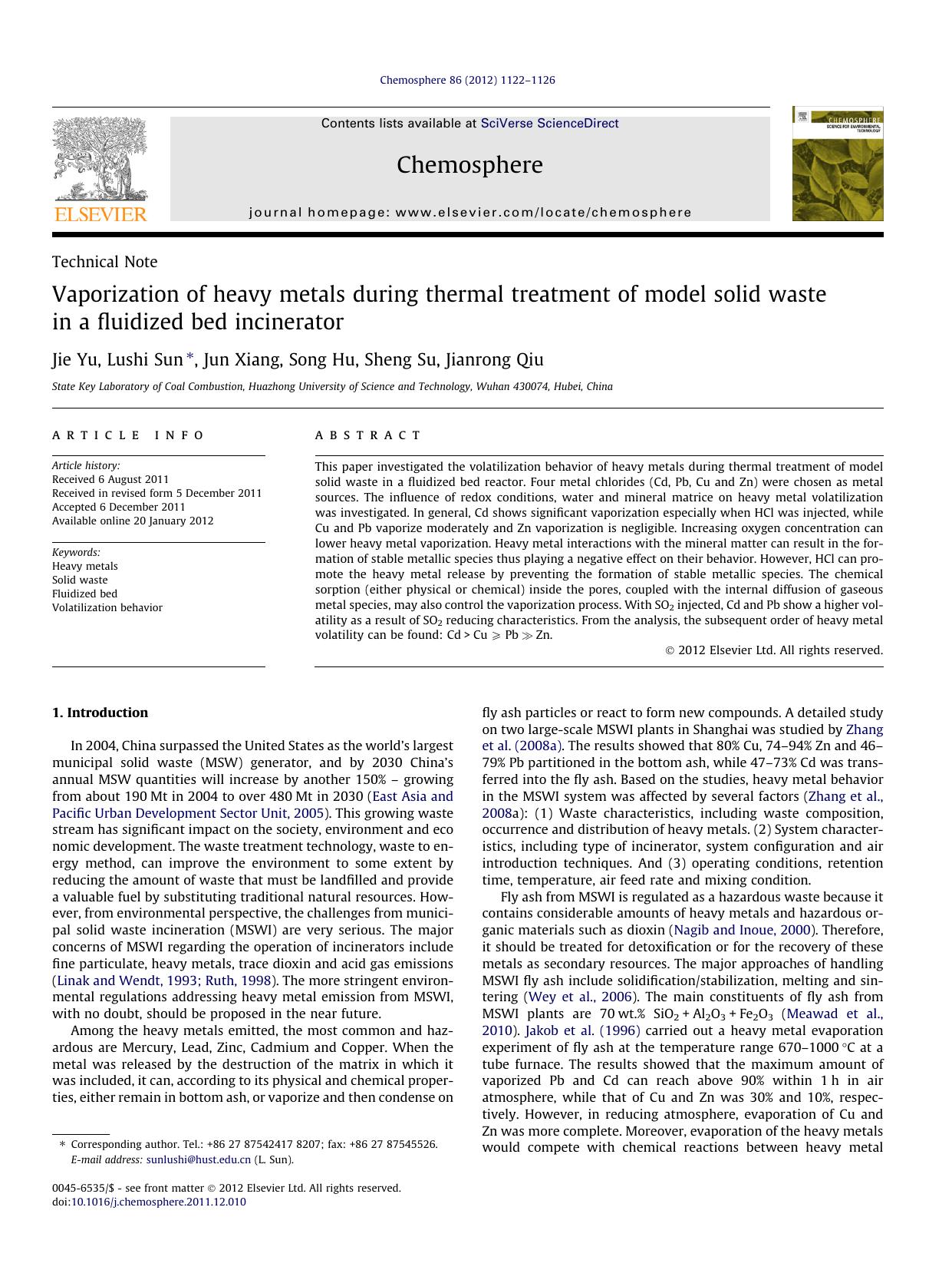 Vaporization of heavy metals during thermal treatment of model solid waste in a fluidized bed incinerator by Jie Yu & Lushi Sun & Jun Xiang & Song Hu & Sheng Su & Jianrong Qiu