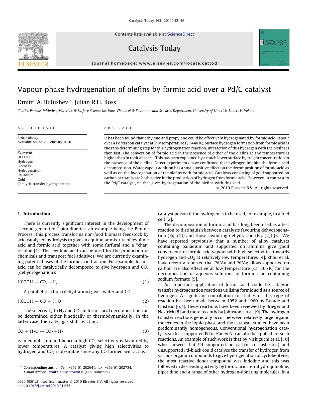 Vapour phase hydrogenation of olefins by formic acid over a PdC catalyst by Dmitri A. Bulushev & Julian R.H. Ross