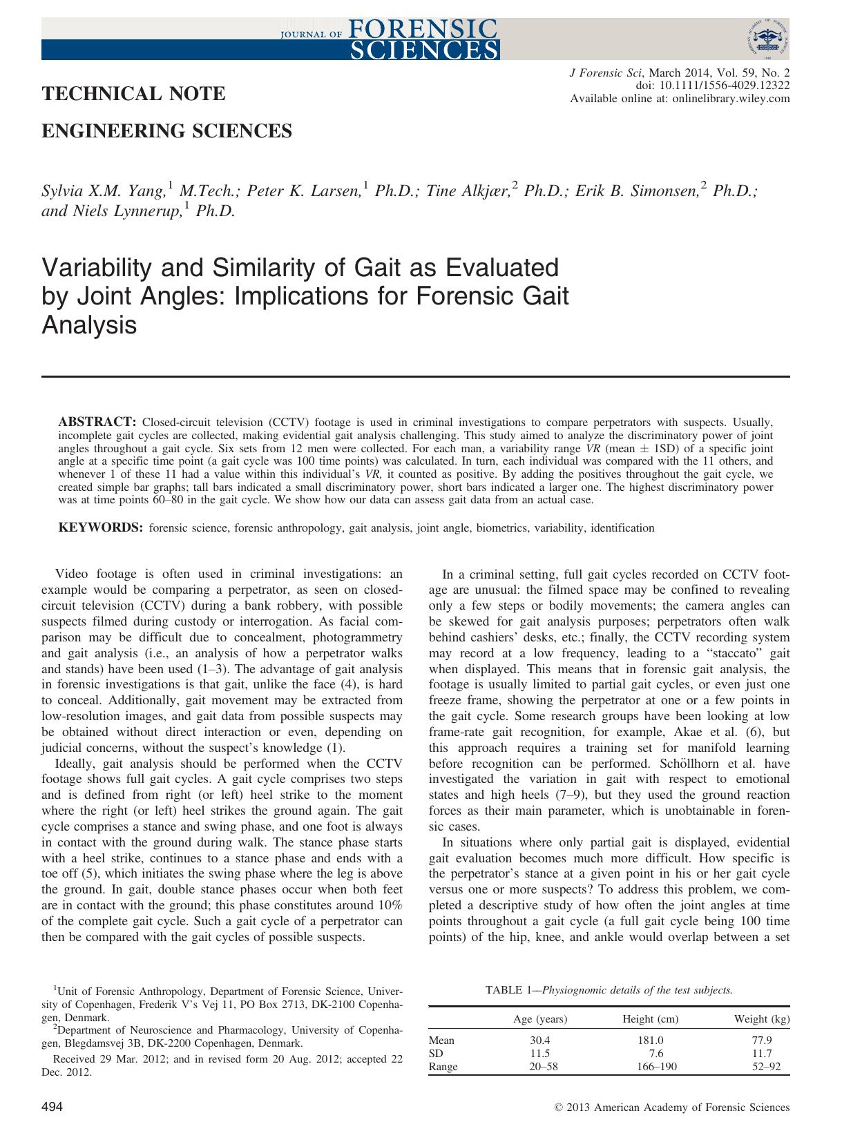 Variability and Similarity of Gait as Evaluated by Joint Angles: Implications for Forensic Gait Analysis by Unknown