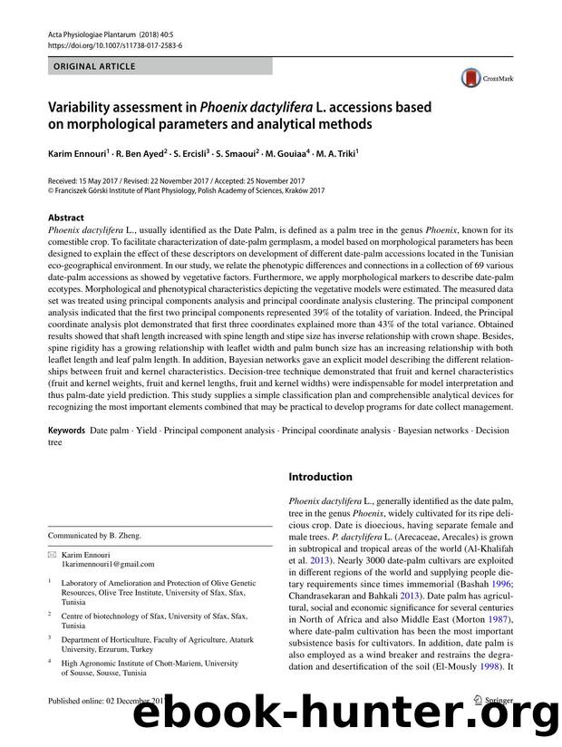 Variability assessment in Phoenix dactylifera L. accessions based on morphological parameters and analytical methods by Karim Ennouri & R. Ben Ayed & S. Ercisli & S. Smaoui & M. Gouiaa & M. A. Triki