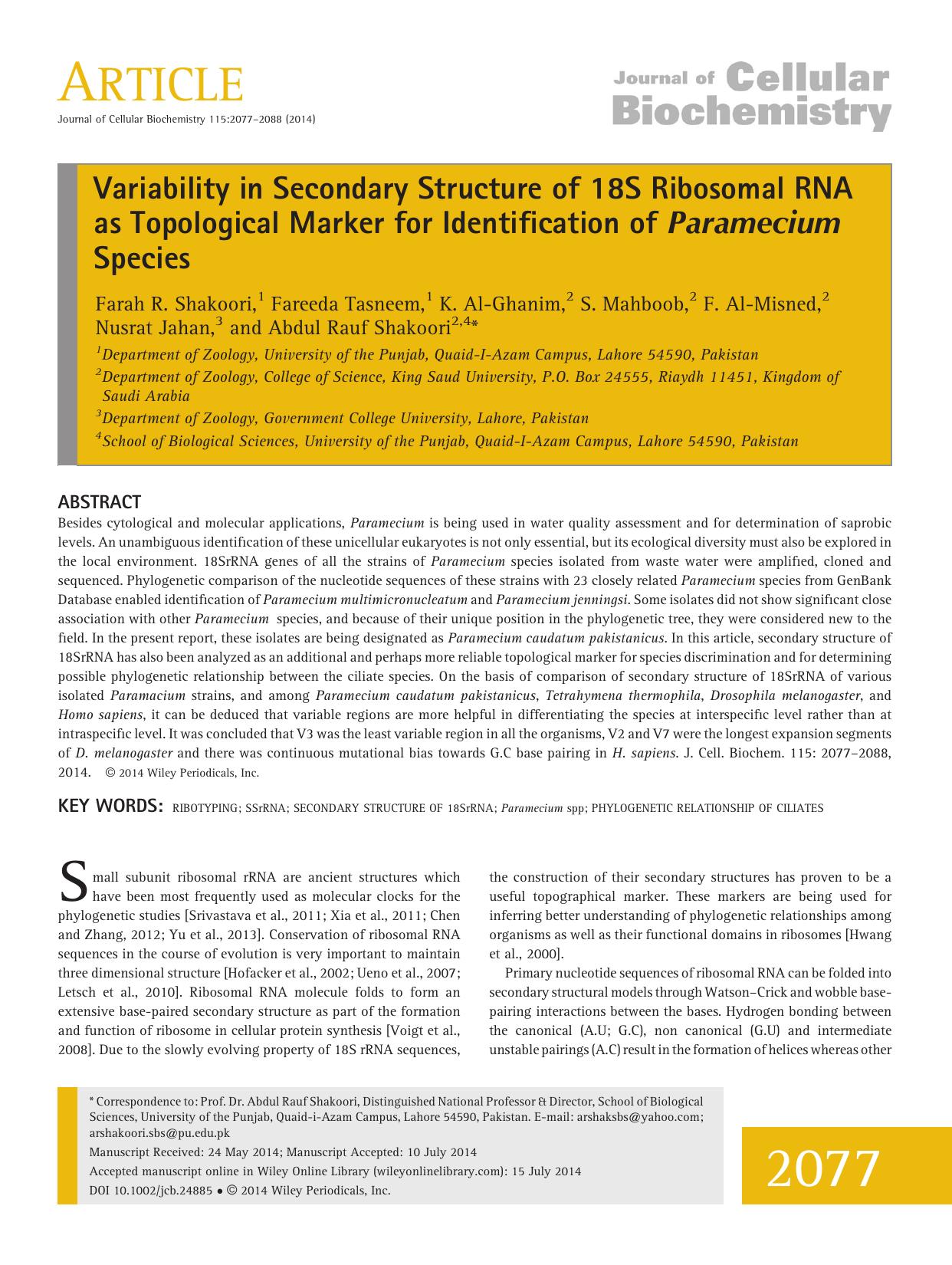Variability in Secondary Structure of 18S Ribosomal RNA as Topological Marker for Identification of Paramecium species by Unknown