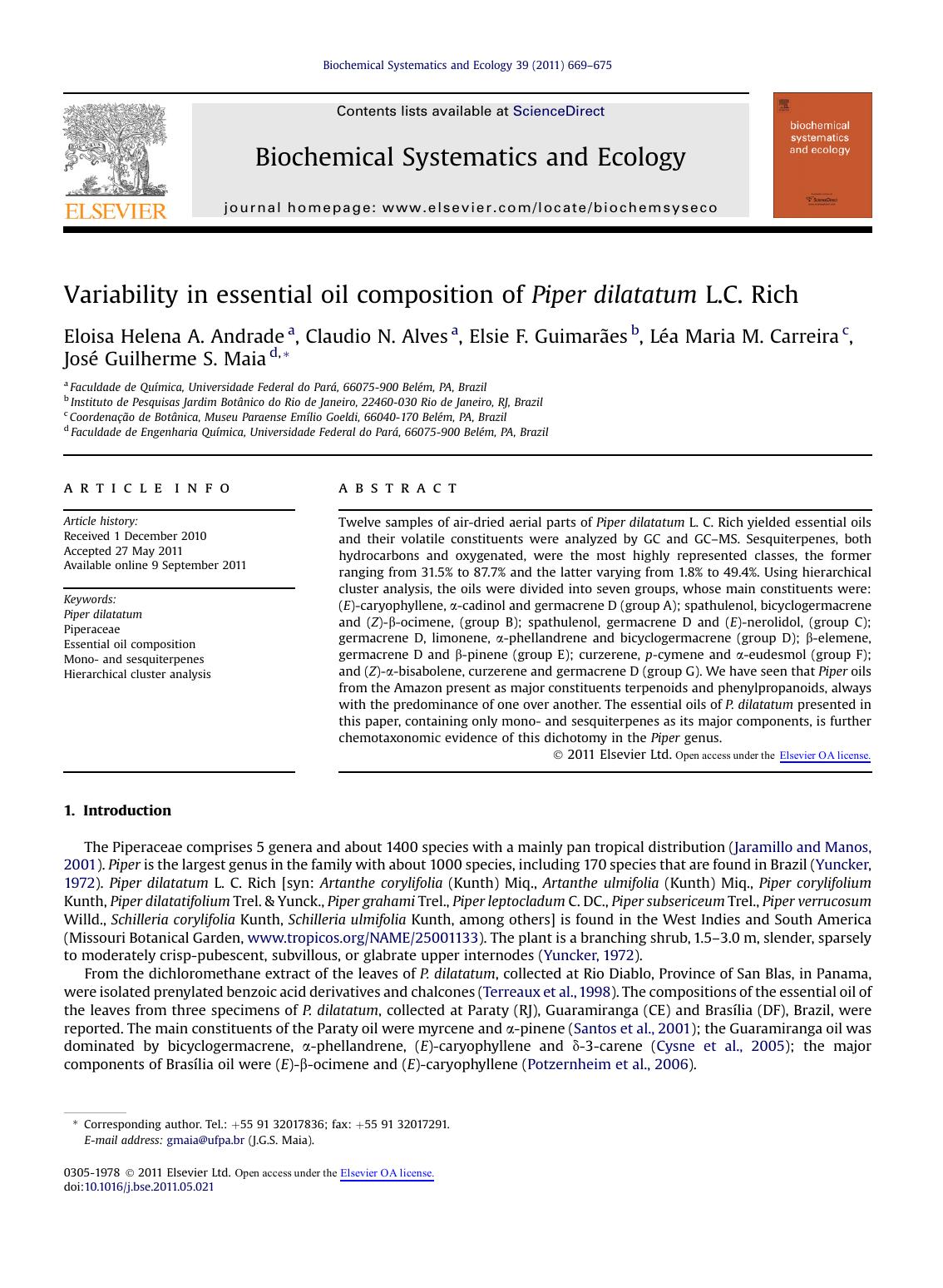Variability in essential oil composition of Piper dilatatum L.C. Rich by unknow