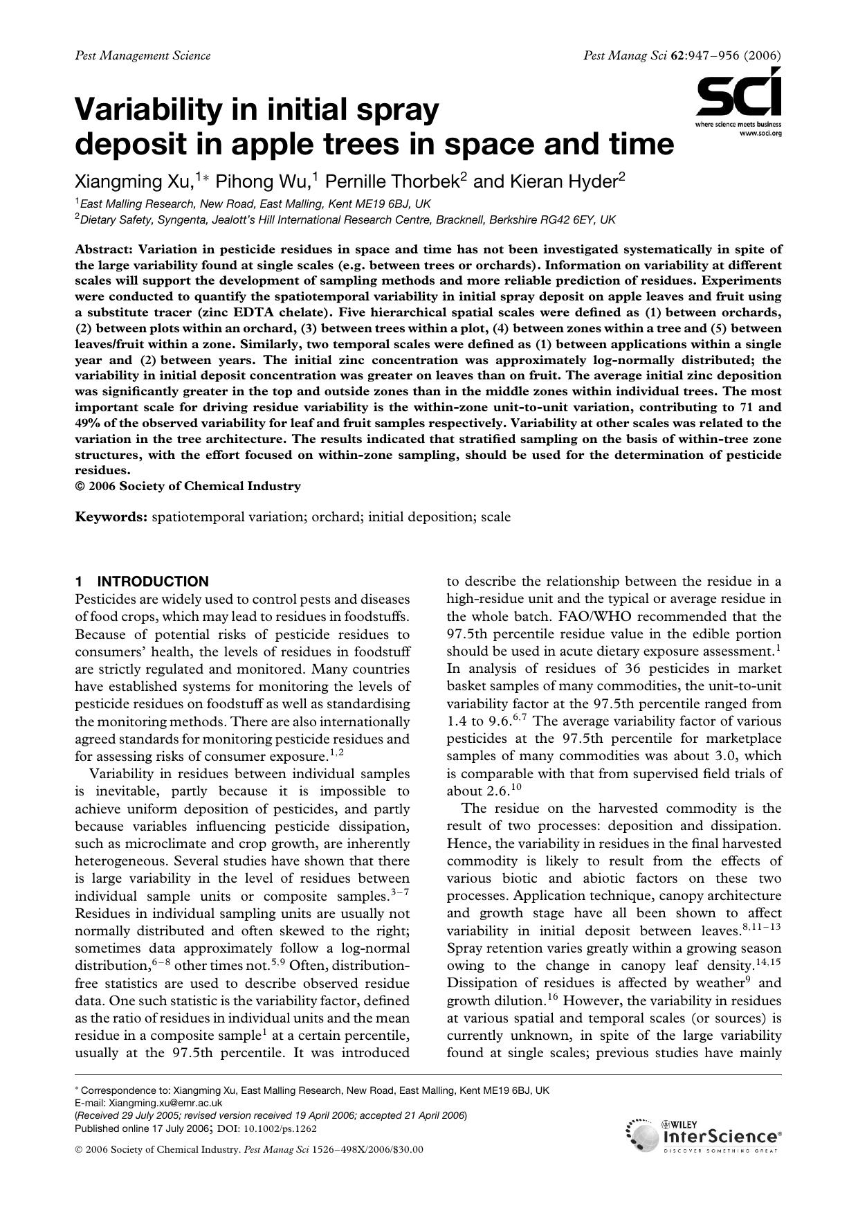 Variability in initial spray deposit in apple trees in space and time by Unknown