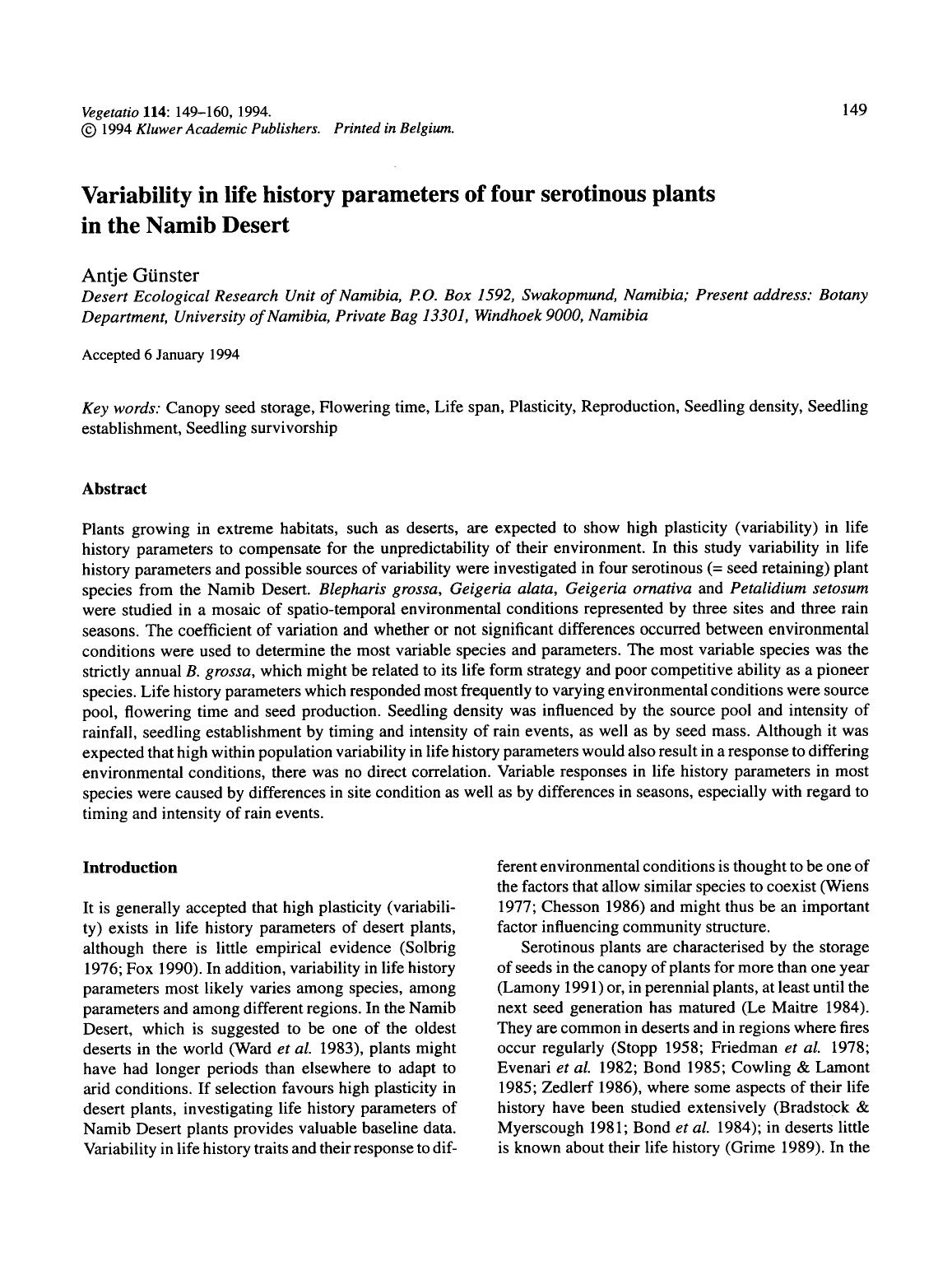 Variability in life history parameters of four serotinous plants in the Namib Desert by Unknown