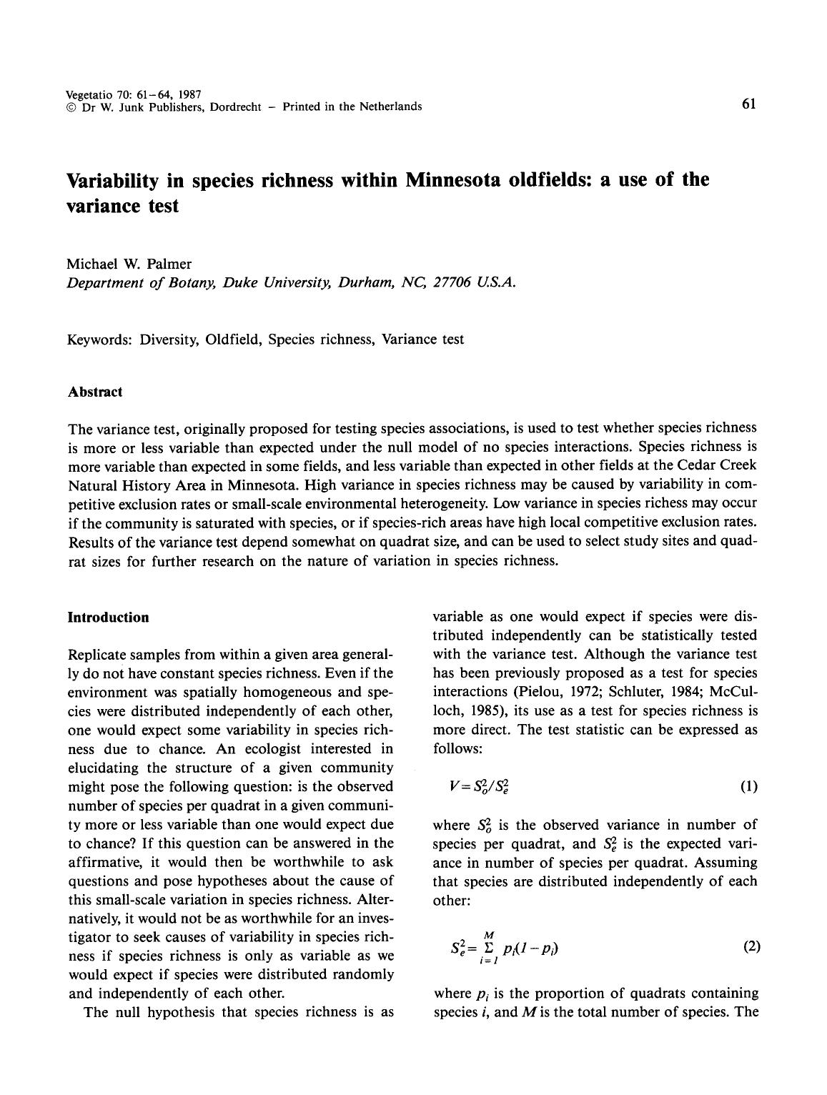 Variability in species richness within Minnesota oldfields: a use of the variance test by Unknown