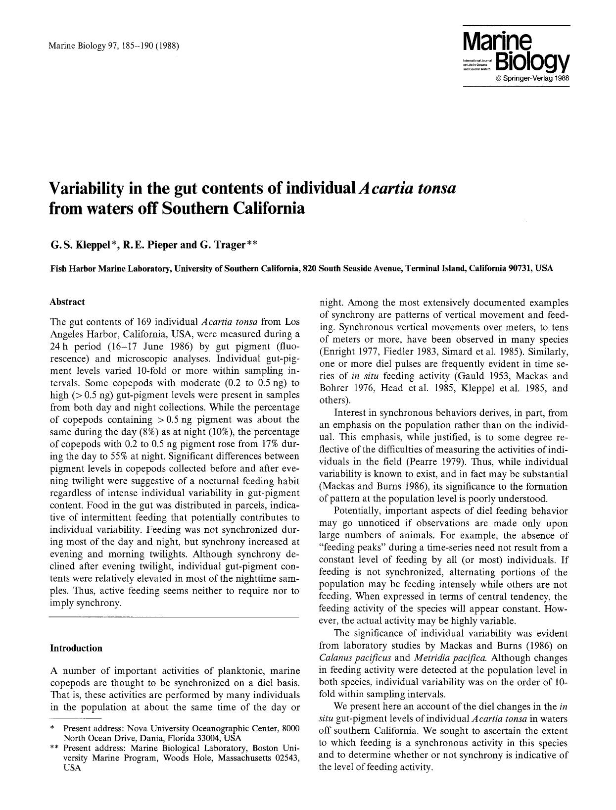 Variability in the gut contents of individual <Emphasis Type="Italic">A cartia tonsa<Emphasis> from waters off Southern California by Unknown