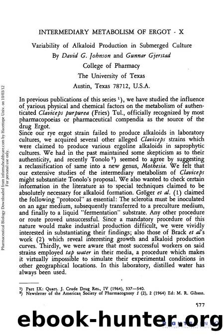 Variability of Alkaloid Production in Submerged Culture by David G. Johnson & Gunnar Gjerstad