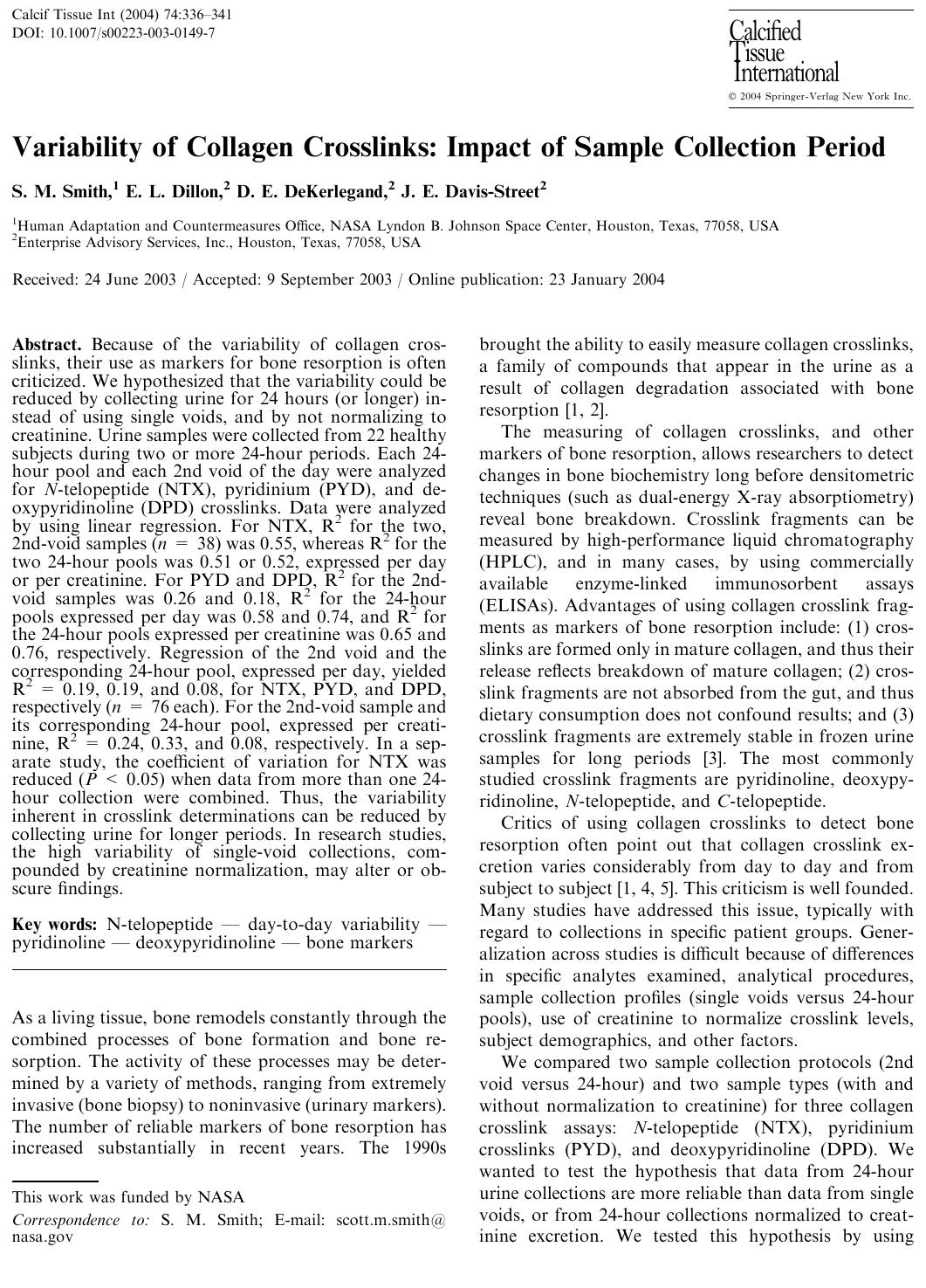 Variability of Collagen Crosslinks: Impact of Sample Collection Period by Smith S.M. et al