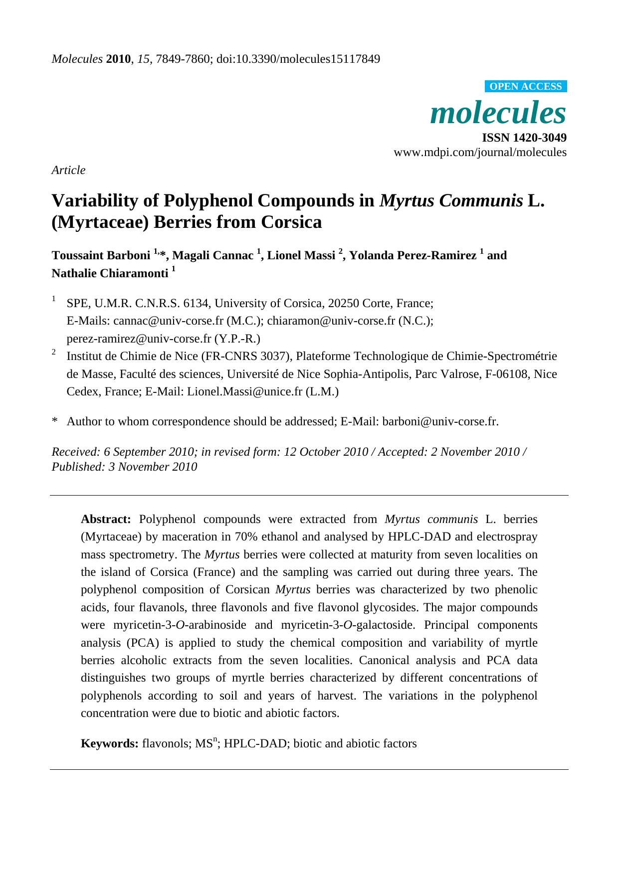 Variability of Polyphenol Compounds in Myrtus Communis L. (Myrtaceae) Berries from Corsica by Toussaint Barboni & Magali Cannac & Lionel Massi & Yolanda Perez-Ramirez & Nathalie Chiaramonti