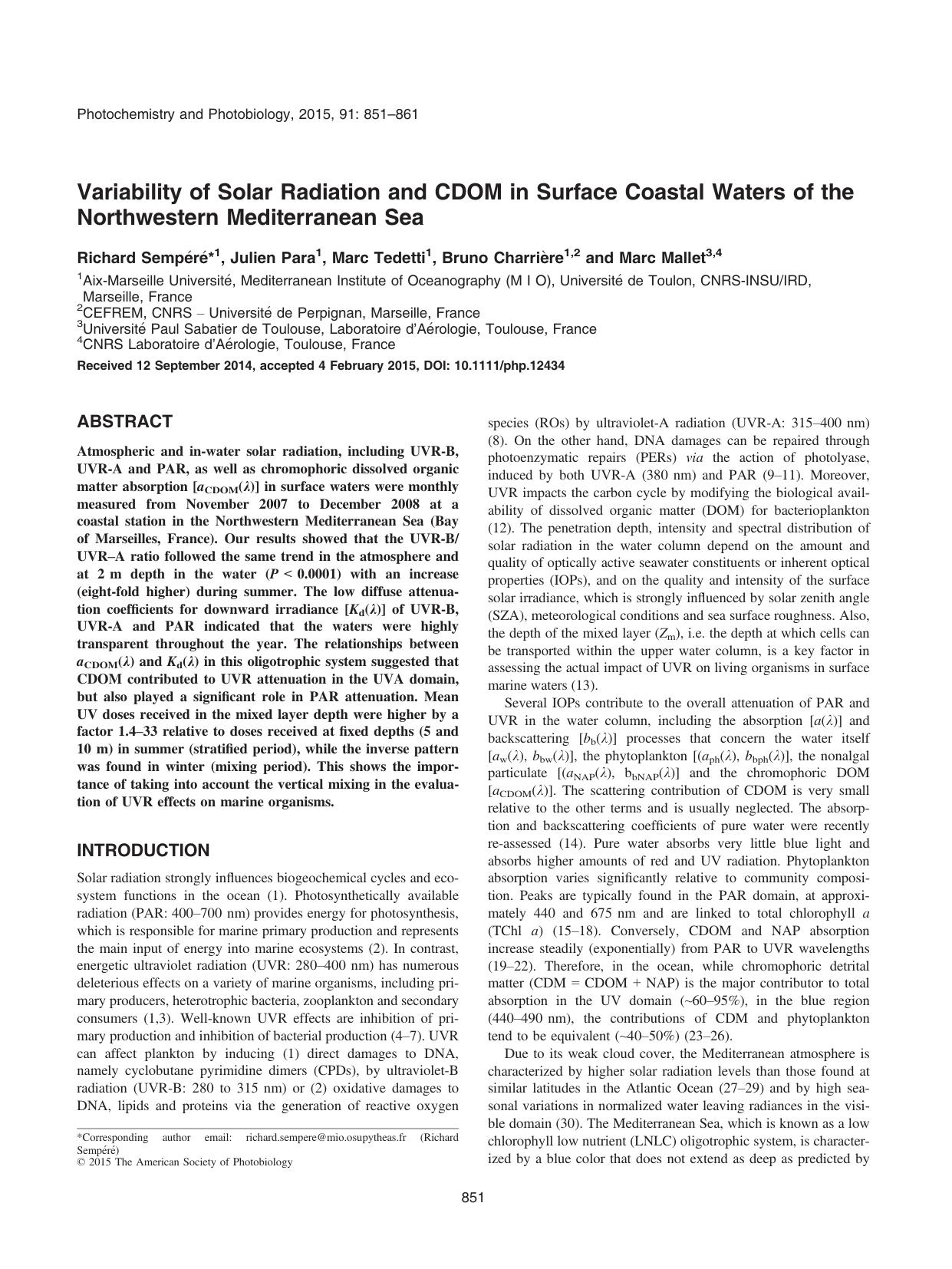 Variability of Solar Radiation and CDOM in Surface Coastal Waters of the Northwestern Mediterranean Sea by Unknown