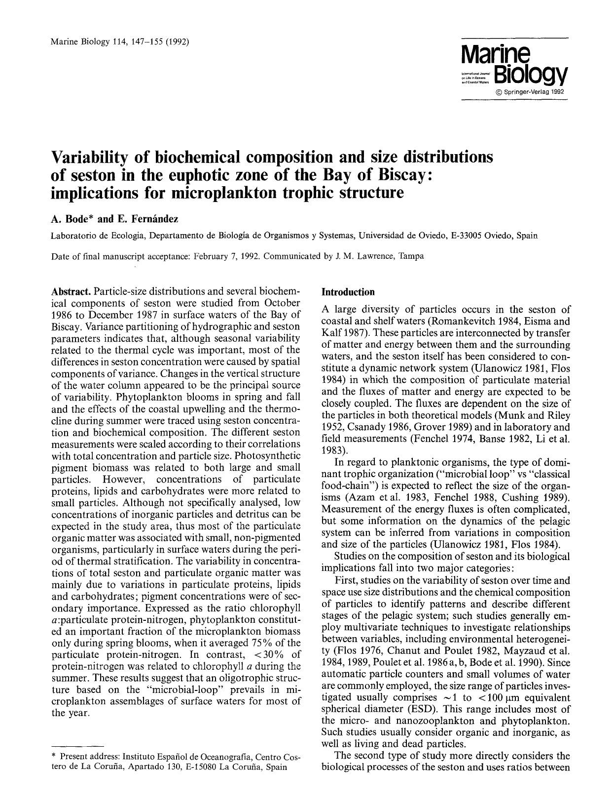Variability of biochemical composition and size distributions of seston in the euphotic zone of the Bay of Biscay: implications for microplankton trophic structure by Unknown
