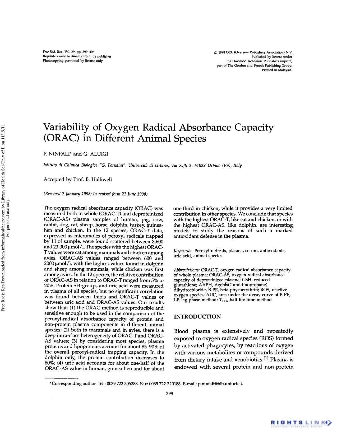Variability of oxygen radical absorbance capacity (ORAC) in different animal species by P. Ninfali & G. Aluigi