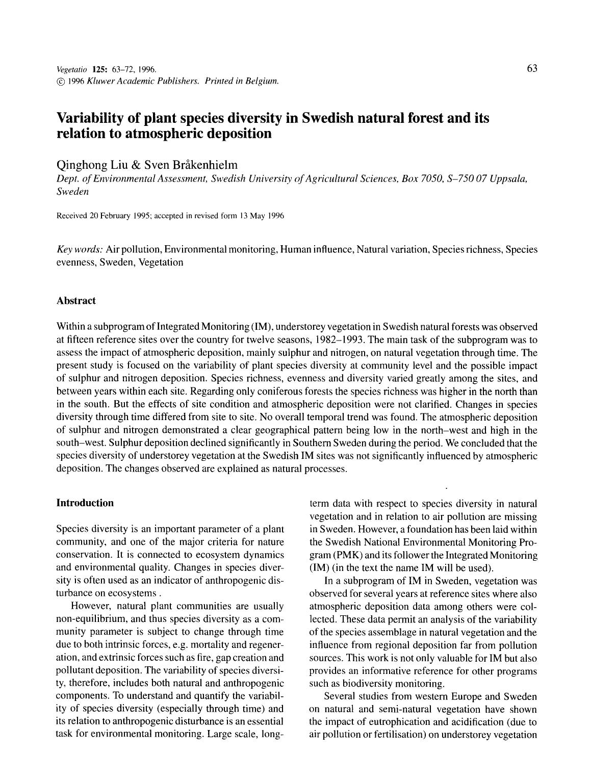 Variability of plant species diversity in Swedish natural forest and its relation to atmospheric deposition by Unknown
