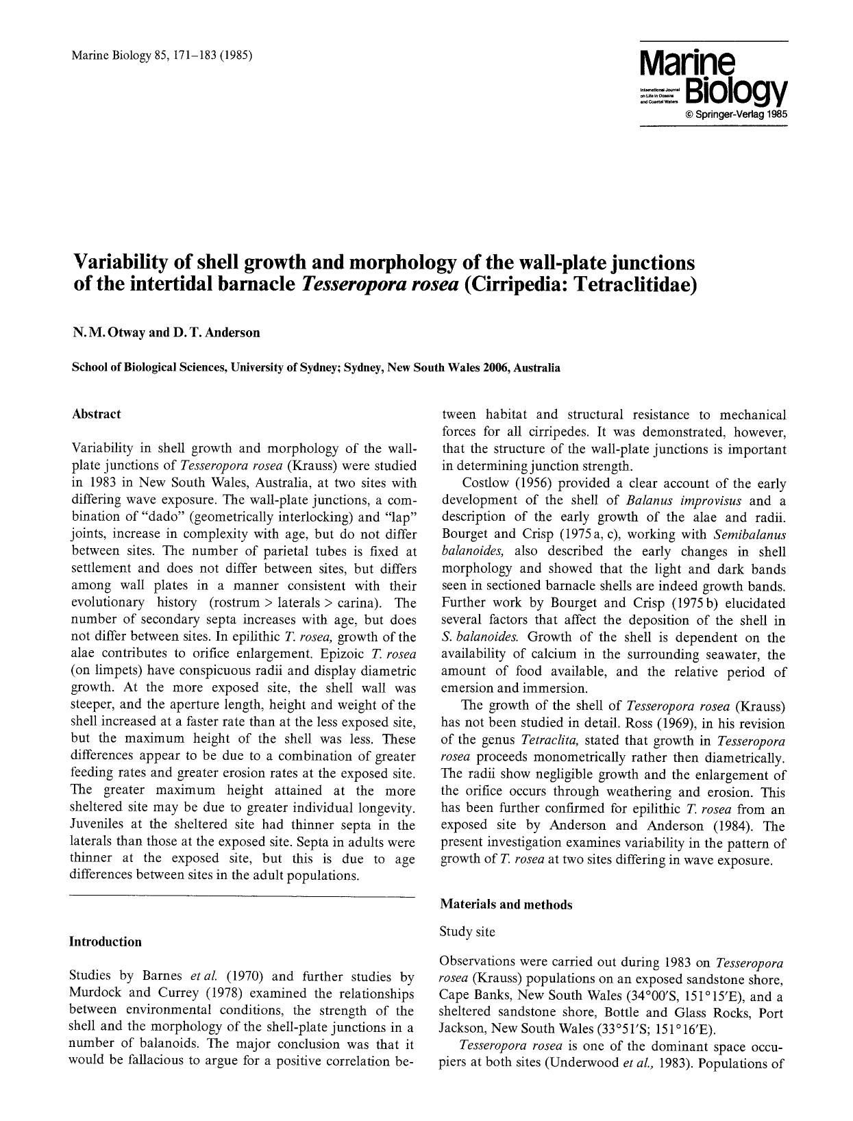 Variability of shell growth and morphology of the wall-plate junctions of the intertidal barnacle <Emphasis Type="Italic">Tesseropora rosea<Emphasis> (Cirripedia: Tetraclitidae) by Unknown