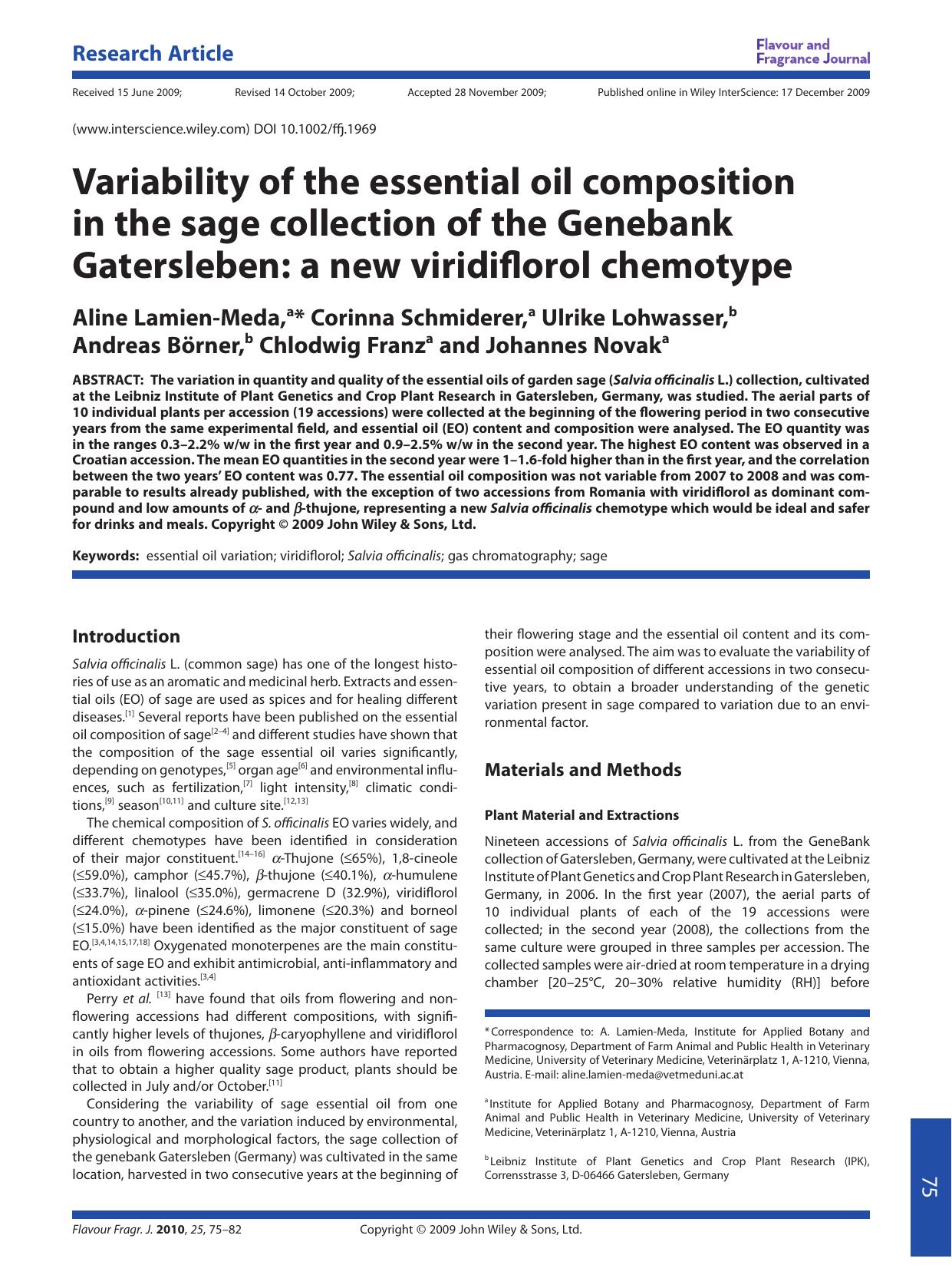Variability of the essential oil composition in the sage collection of the Genebank Gatersleben: a new viridiflorol chemotype by owen