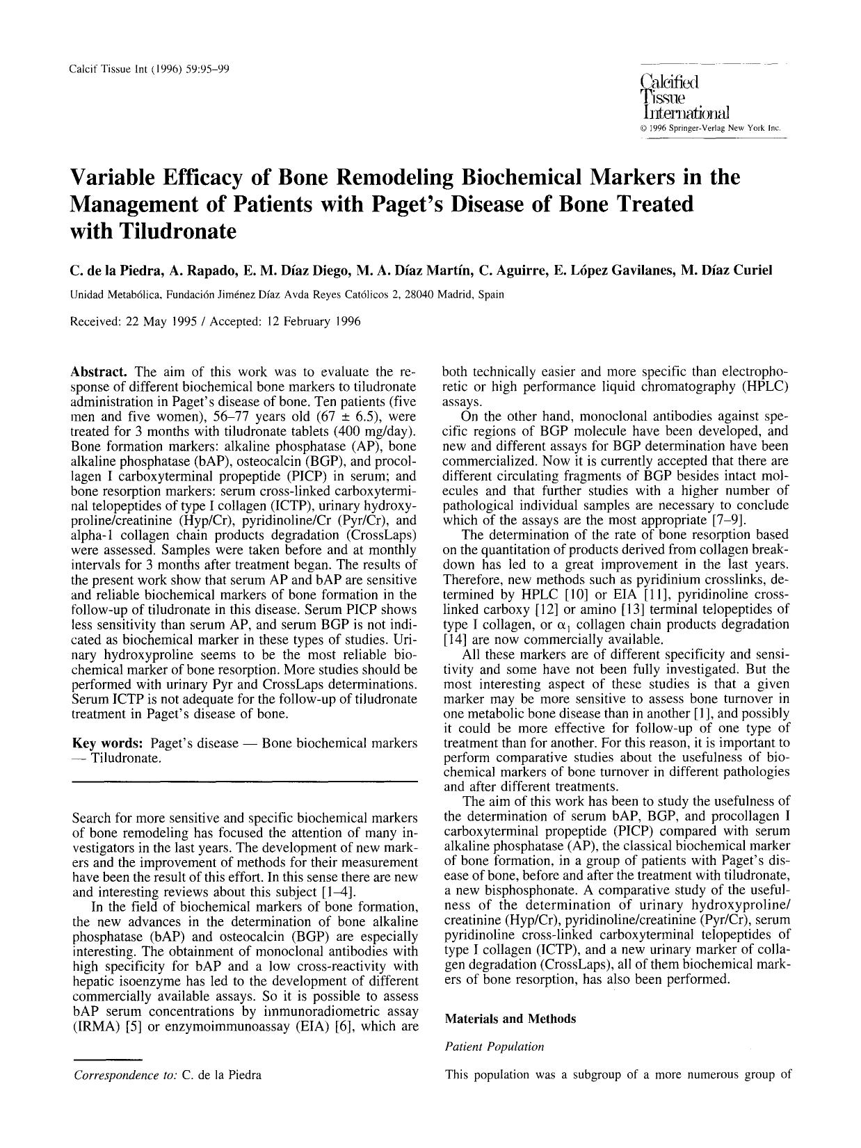Variable efficacy of bone remodeling biochemical markers in the management of patients with Paget&#x2019;s disease of bone treated with tiludronate by Unknown