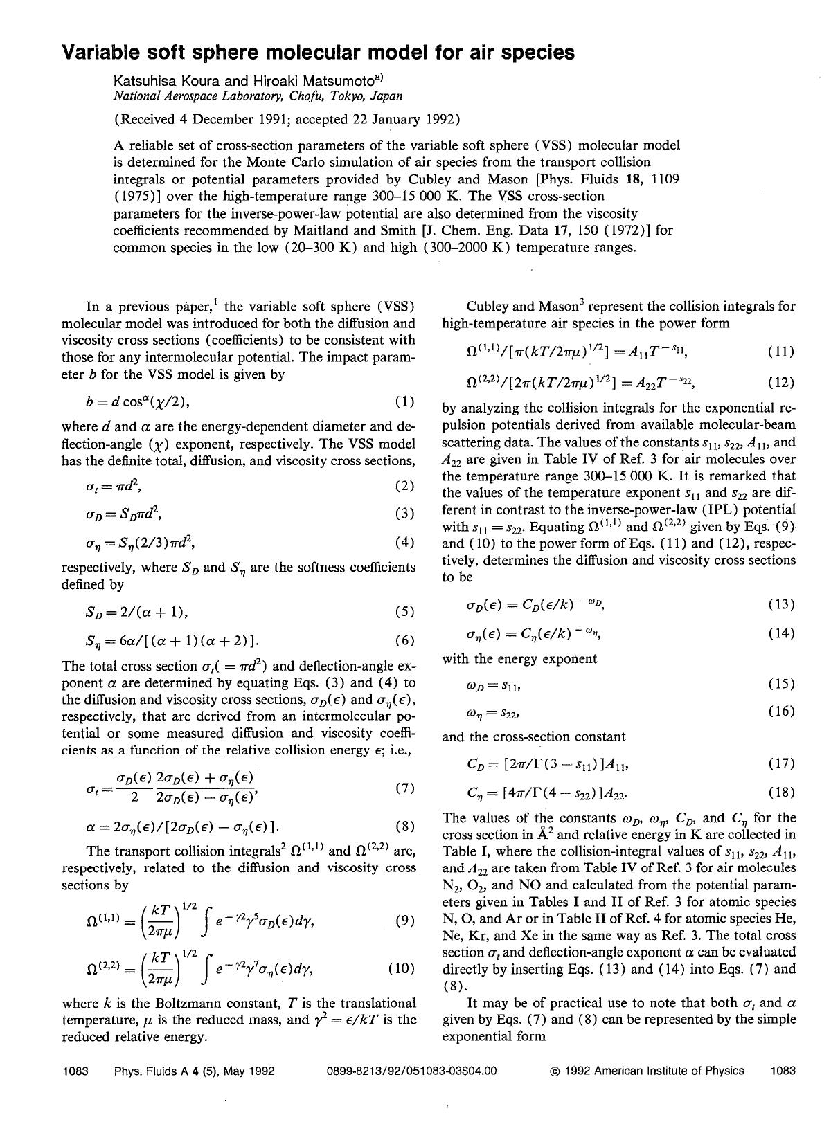 Variable soft sphere molecular model for air species by Katsuhisa Koura; Hiroaki Matsumoto