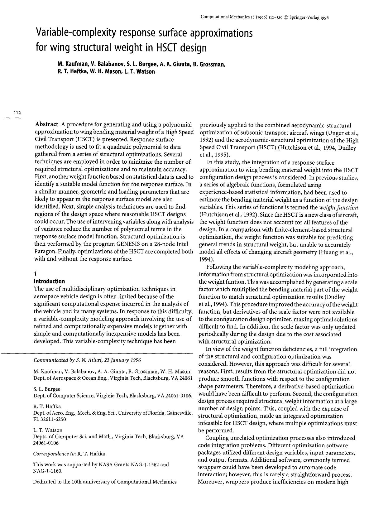 Variable-complexity response surface approximations for wing structural weight in HSCT design by Unknown