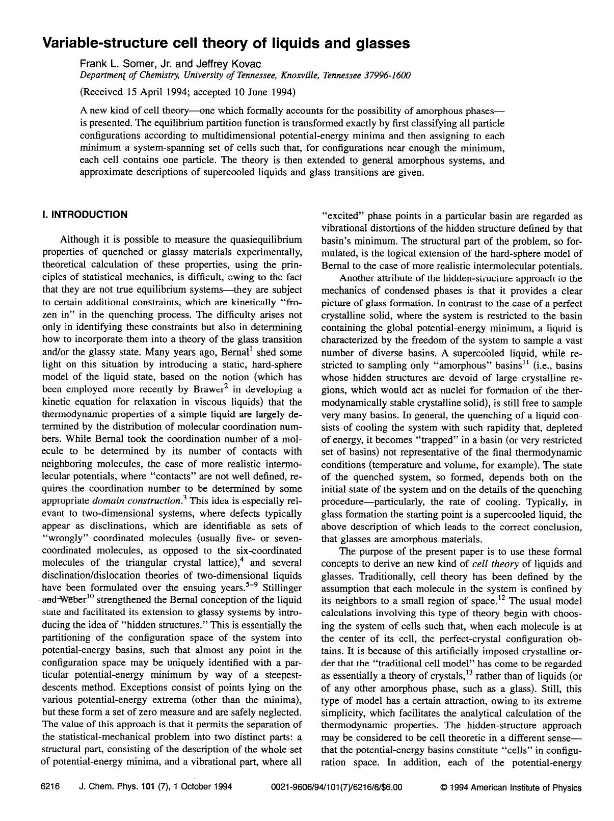 Variable-structure cell theory of liquids and glasses by Frank L. Somer; Jeffrey Kovac
