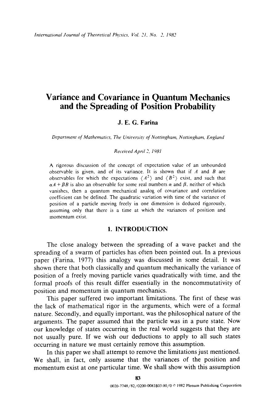 Variance and covariance in quantum mechanics and the spreading of position probability by Unknown