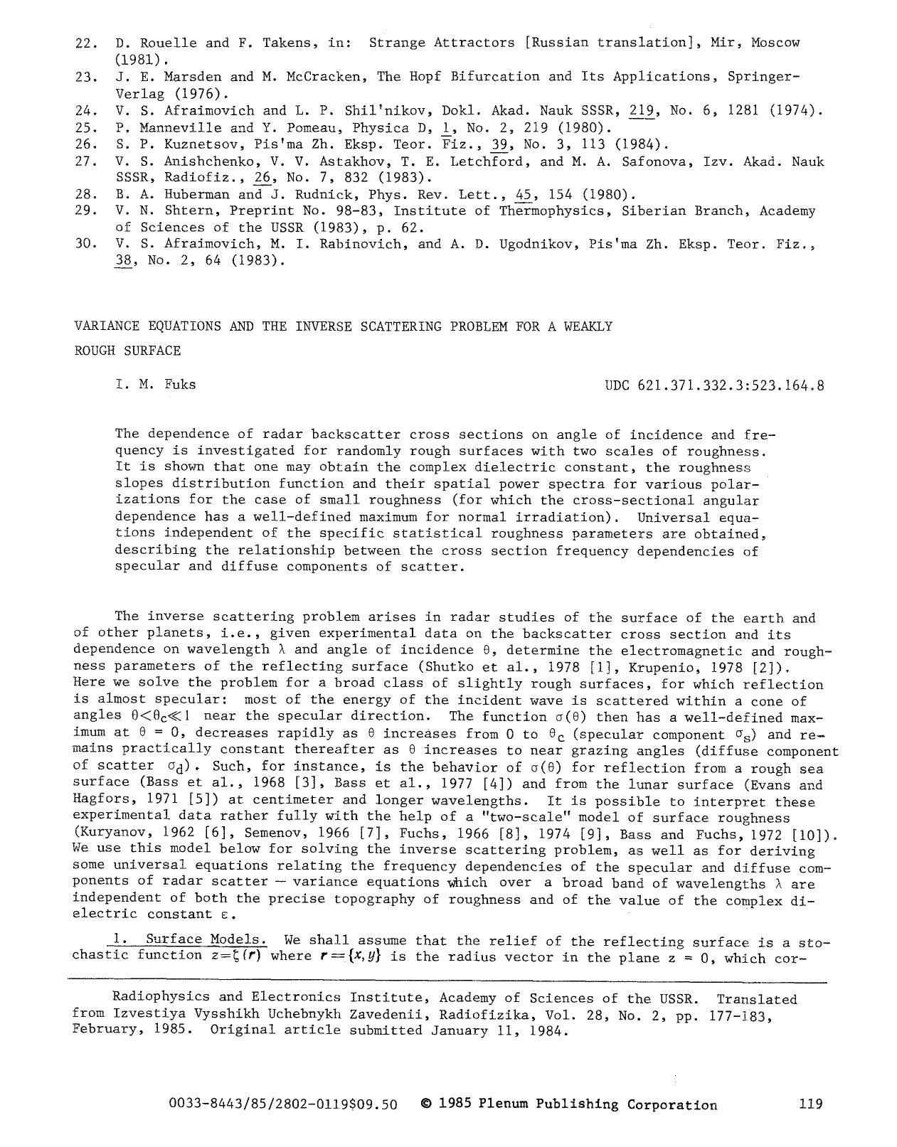 Variance equations and the inverse scattering problem for a weakly rough surface by Unknown