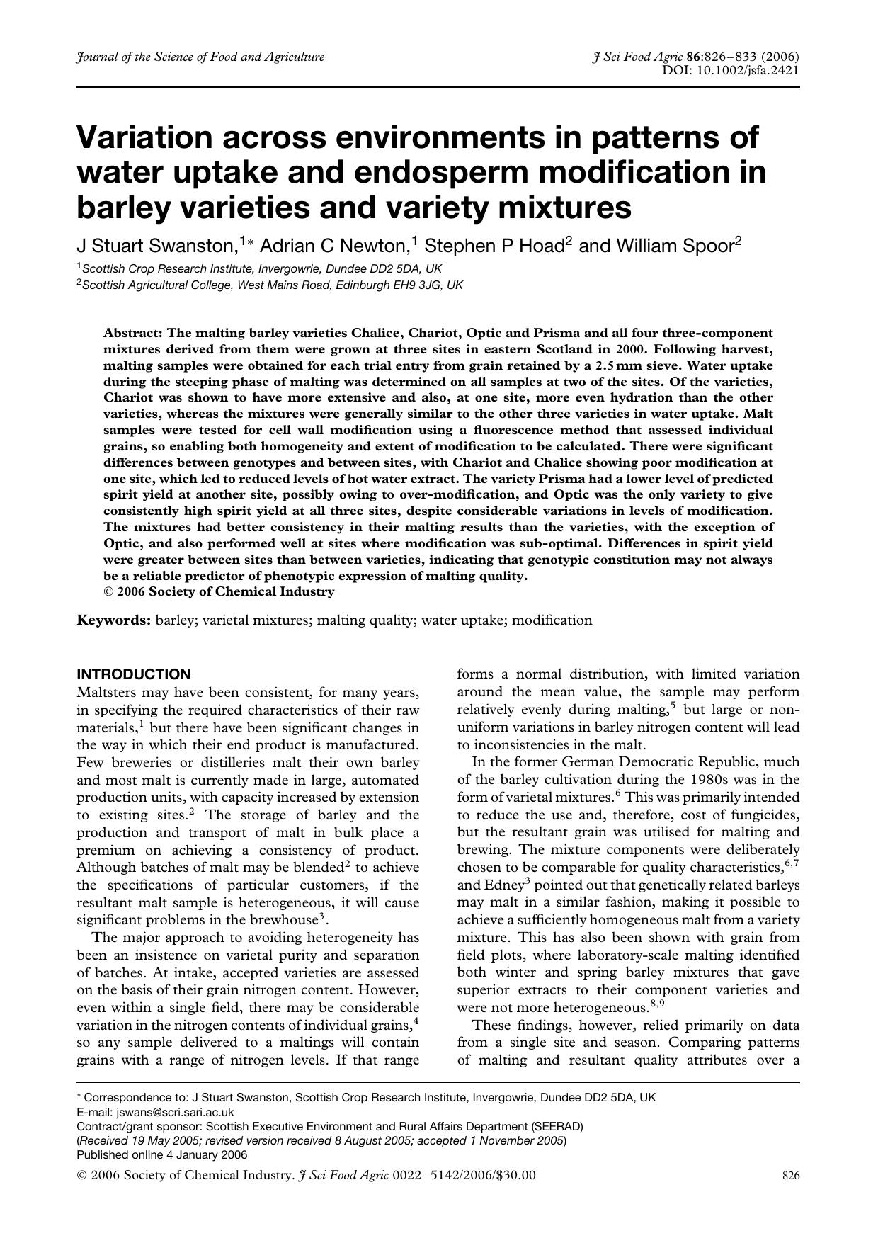 Variation across environments in patterns of water uptake and endosperm modification in barley varieties and variety mixtures by Unknown
