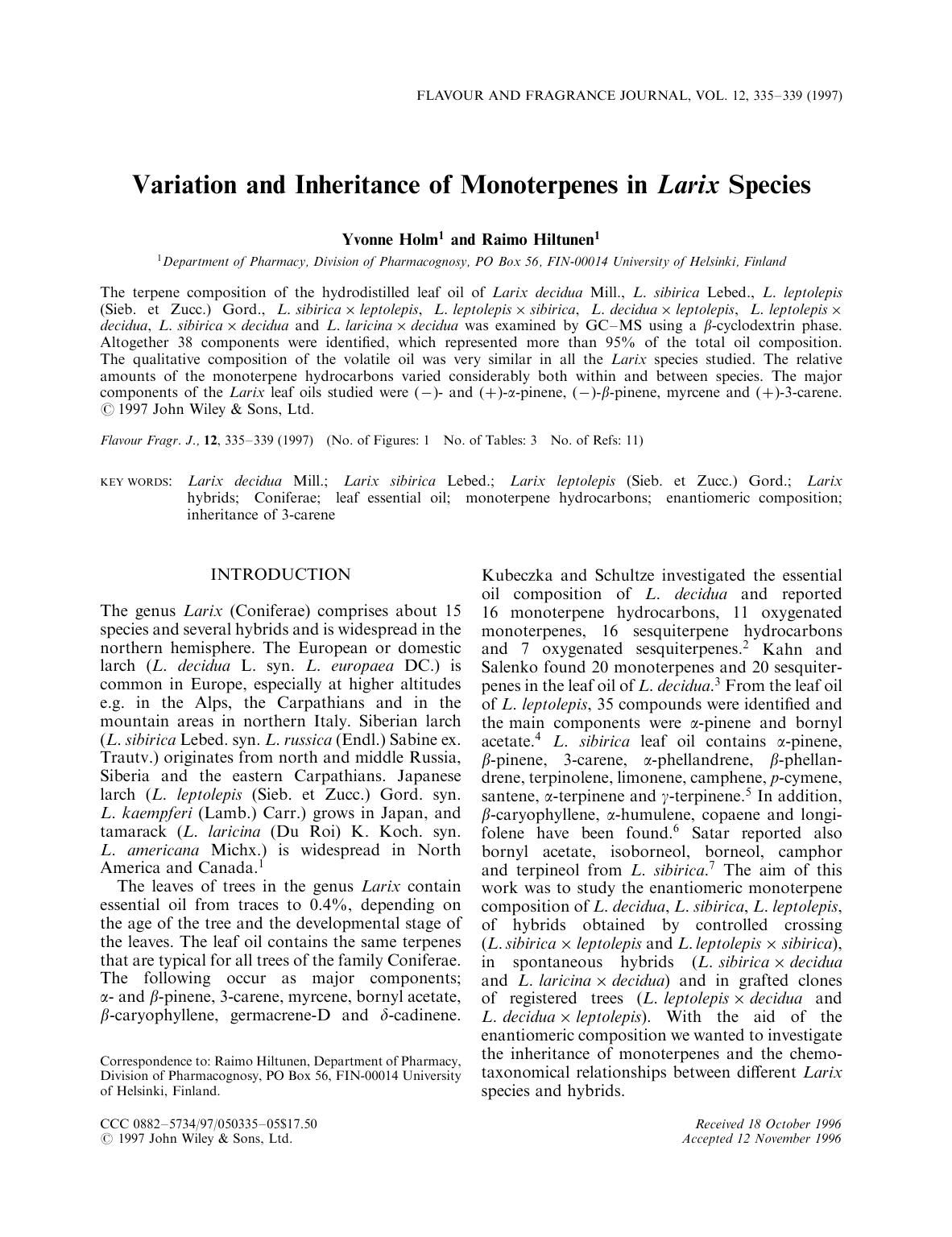 Variation and inheritance of monoterpenes in Larix species by Unknown