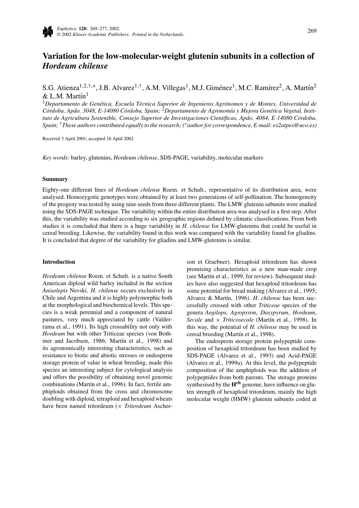 Variation for the low-molecular-weight glutenin subunits in a collection of <Emphasis Type="Italic">Hordeum chilense<Emphasis> by Unknown