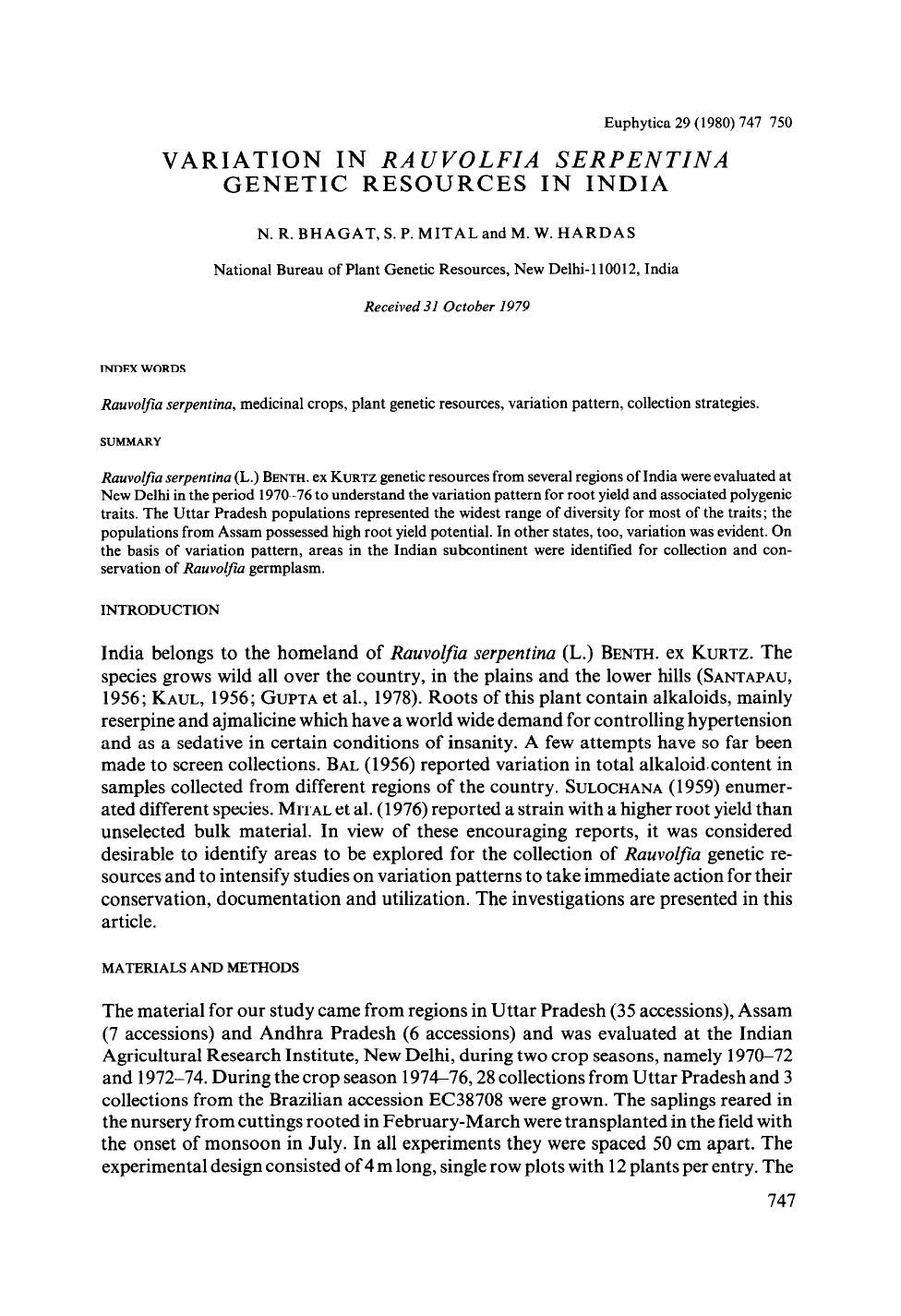 Variation in <Emphasis Type="Italic">Rauvolfia serpentina <Emphasis> genetic resources in India by Unknown