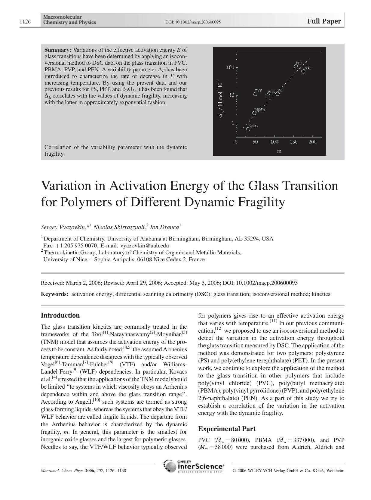 Variation in Activation Energy of the Glass Transition for Polymers of Different Dynamic Fragility by unknow