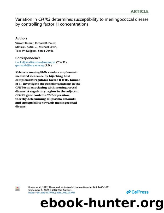 Variation in CFHR3 determines susceptibility to meningococcal disease by controlling factor H concentrations by unknow