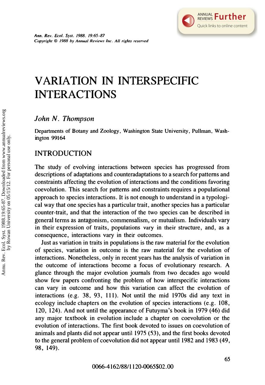 Variation in Interspecific Interactions by J N Thompson