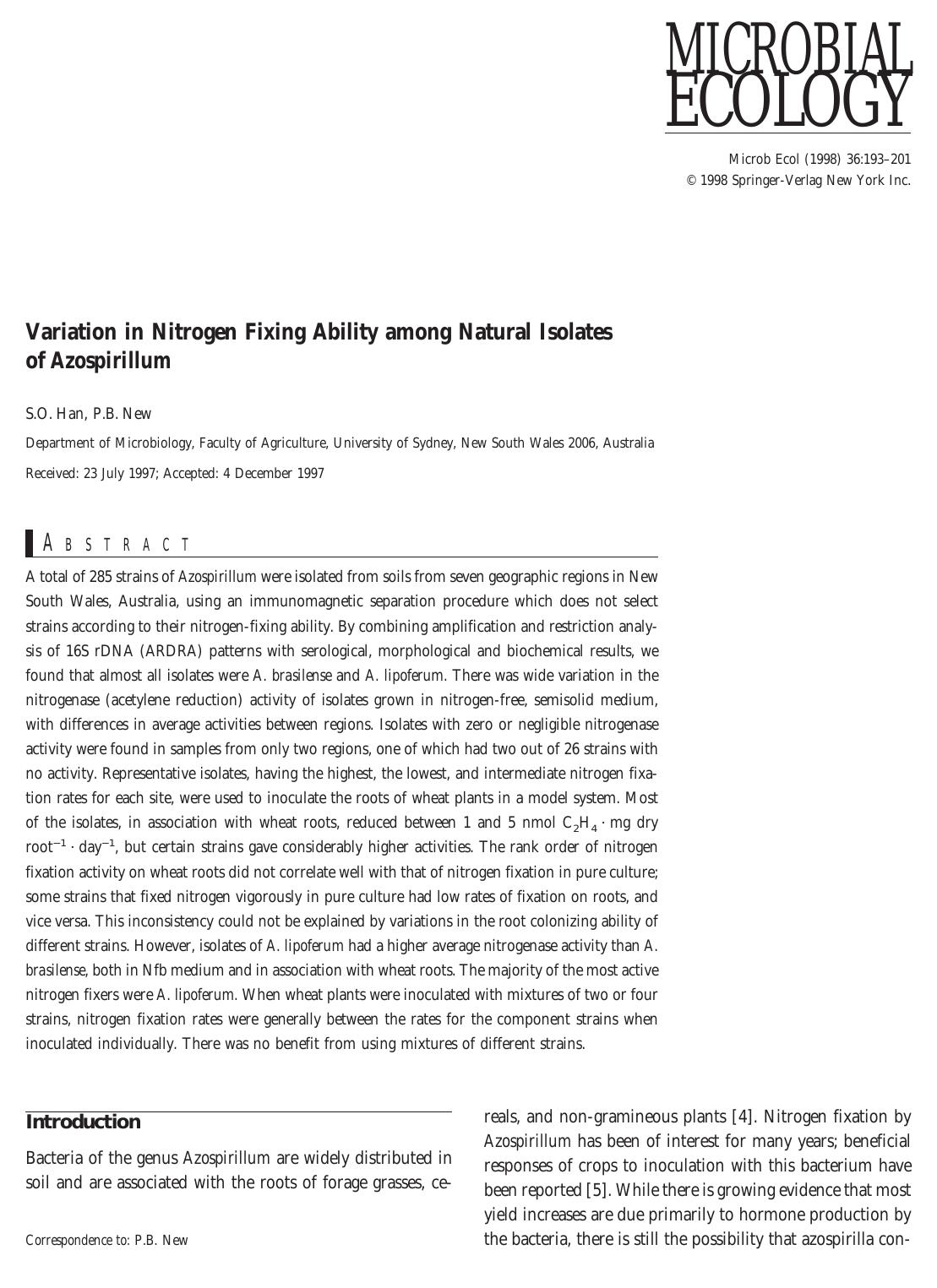 Variation in Nitrogen Fixing Ability among Natural Isolates of Azospirillum by Han S. et al
