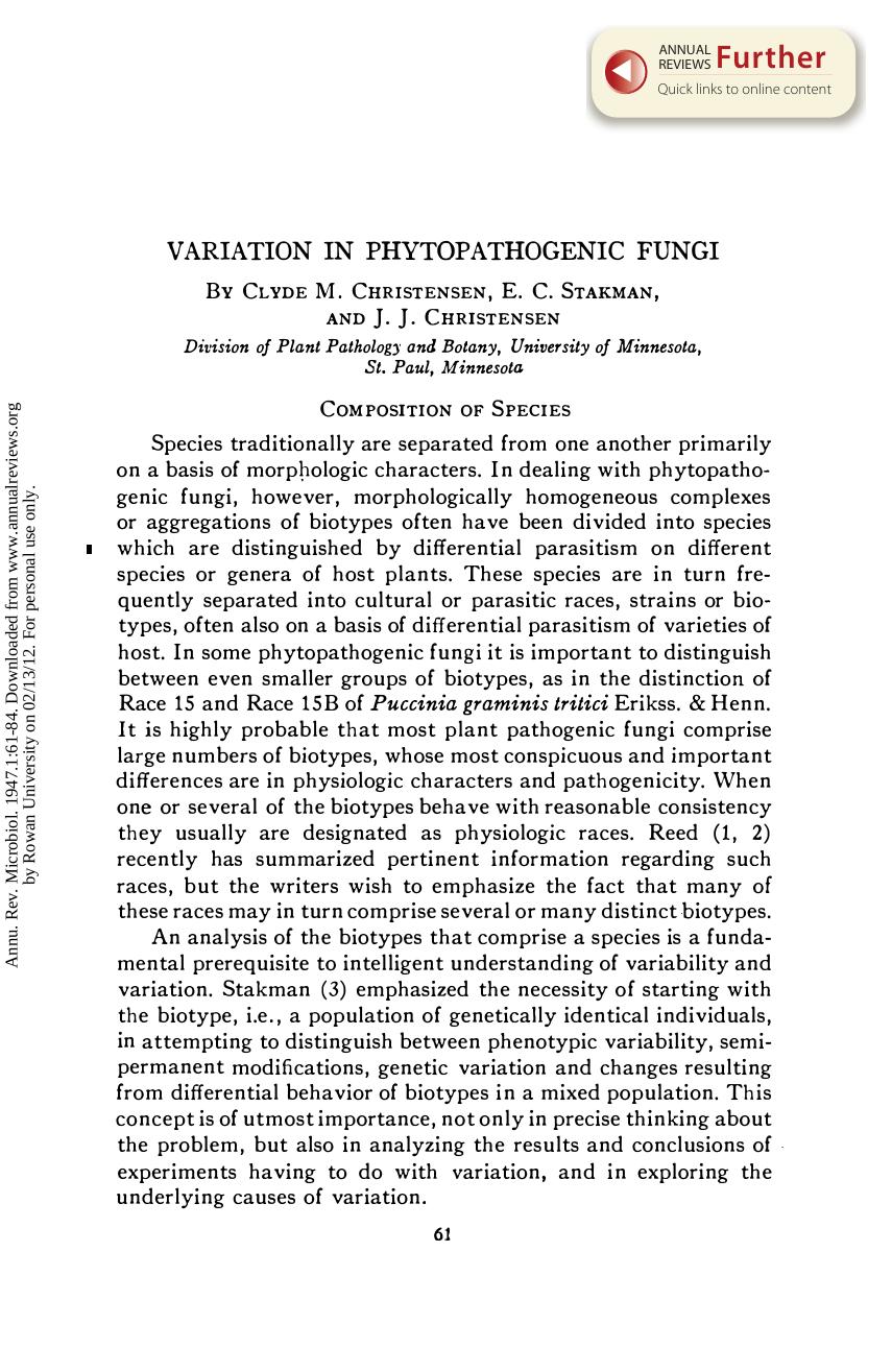 Variation in Phytopathogenic Fungi by Clyde M. Christensen E. C. Stakman & J. J. Christensen