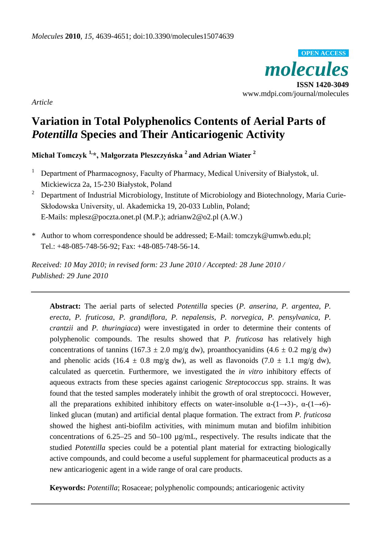 Variation in Total Polyphenolics Contents of Aerial Parts of Potentilla Species and Their Anticariogenic Activity by Michał Tomczyk & Małgorzata Pleszczyńska & Adrian Wiater
