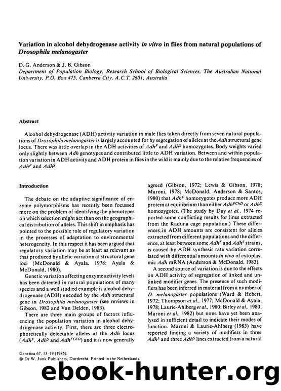 Variation in alcohol dehydrogenase activity in vitro in flies from natural populations of <Emphasis Type="Italic">Drosophila melanogaster <Emphasis> by Unknown