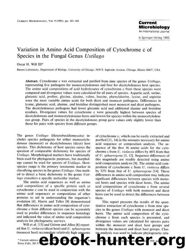 Variation in amino acid composition of cytochrome c of species in the fungal genus <Emphasis Type="Italic">Ustilago <Emphasis> by Unknown