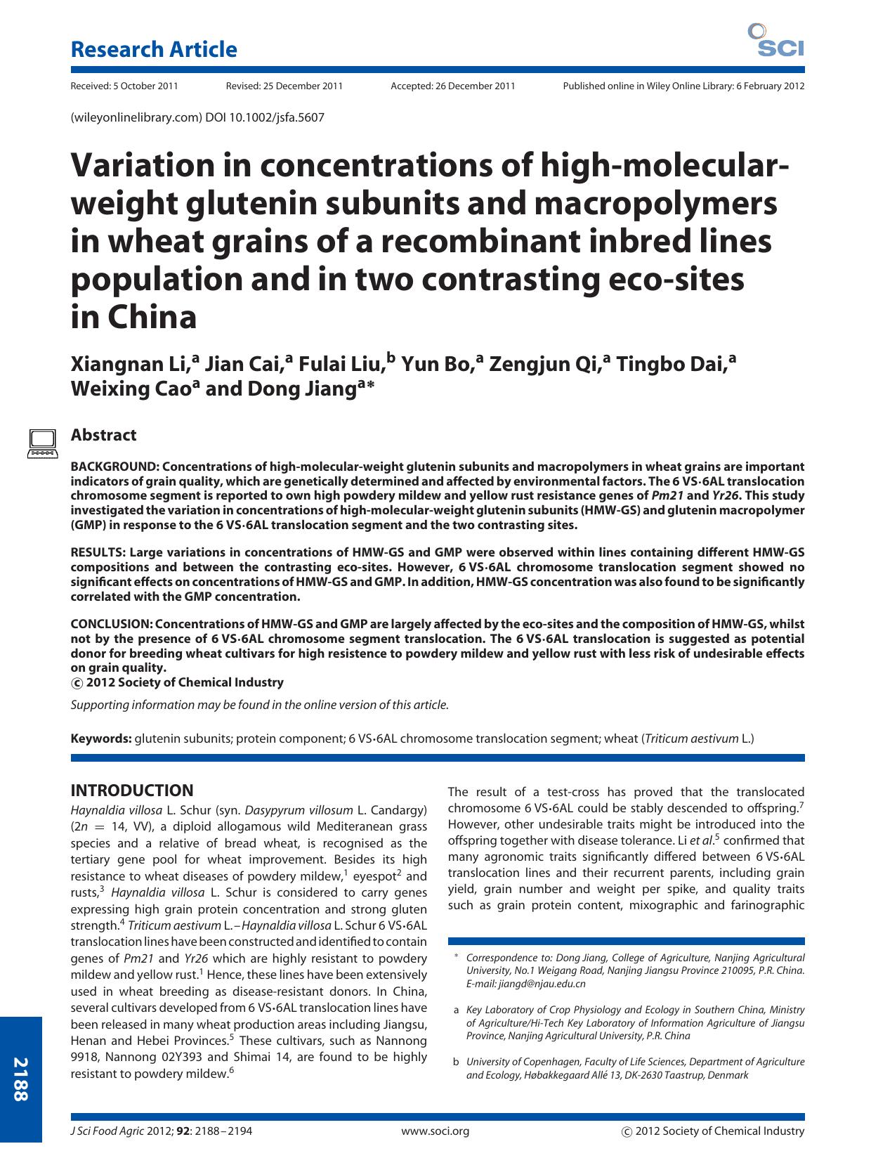 Variation in concentrations of highmolecularweight glutenin subunits and macropolymers in wheat grains of a recombinant inbred lines population and in two contrasting ecosites in China by Unknown