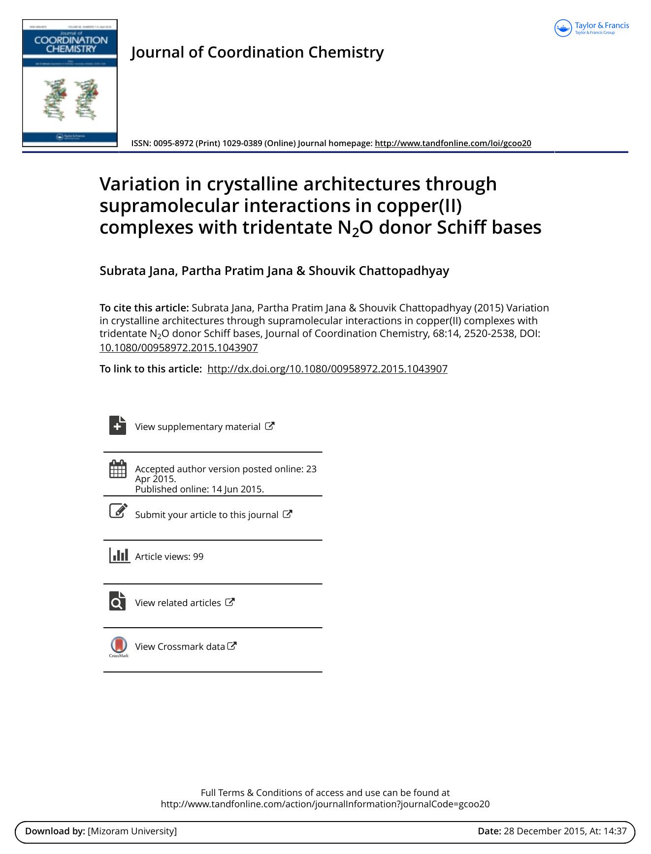 Variation in crystalline architectures through supramolecular interactions in copper(II) complexes with tridentate N2O donor Schiff bases by Subrata Jana