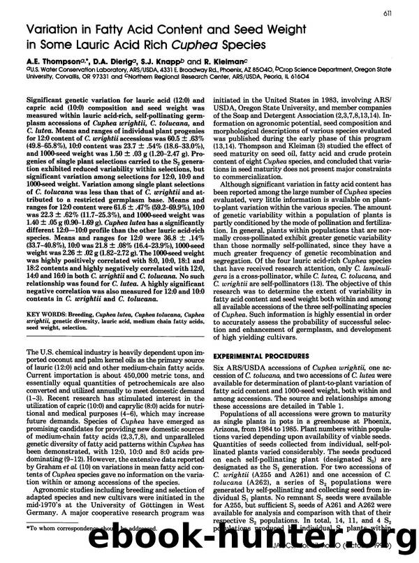 Variation in fatty acid content and seed weight in some lauric acid rich <Emphasis Type="Italic">Cuphea <Emphasis> species by Unknown