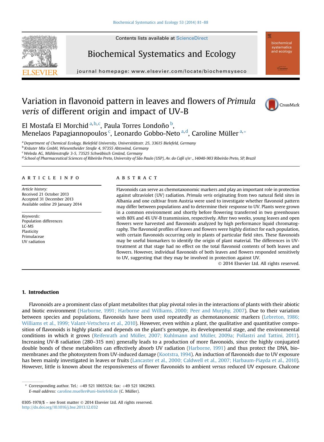 Variation in flavonoid pattern in leaves and flowers of Primula veris of different origin and impact of UV-B by unknow
