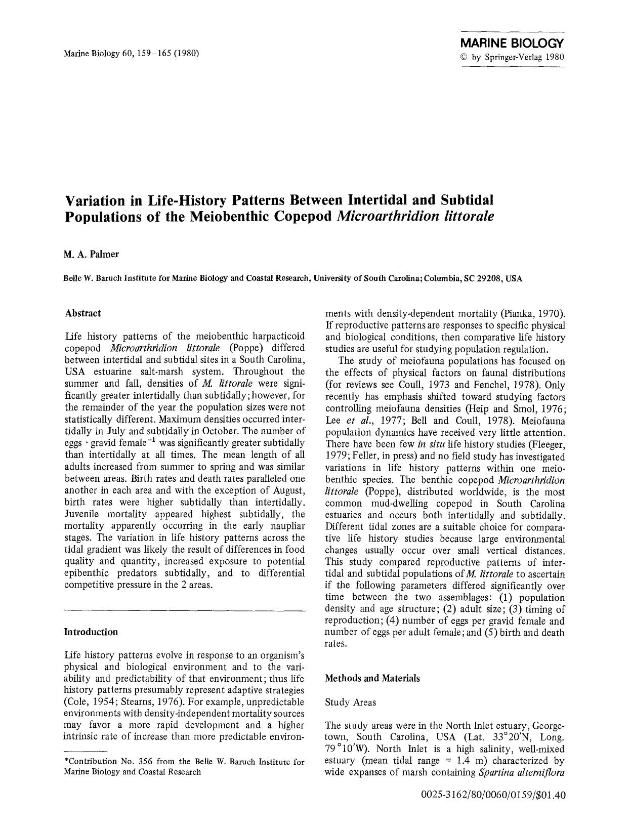 Variation in life-history patterns between intertidal and subtidal populations of the meiobenthic copepod <Emphasis Type="Italic">Microarthridion littorale<Emphasis> by Unknown